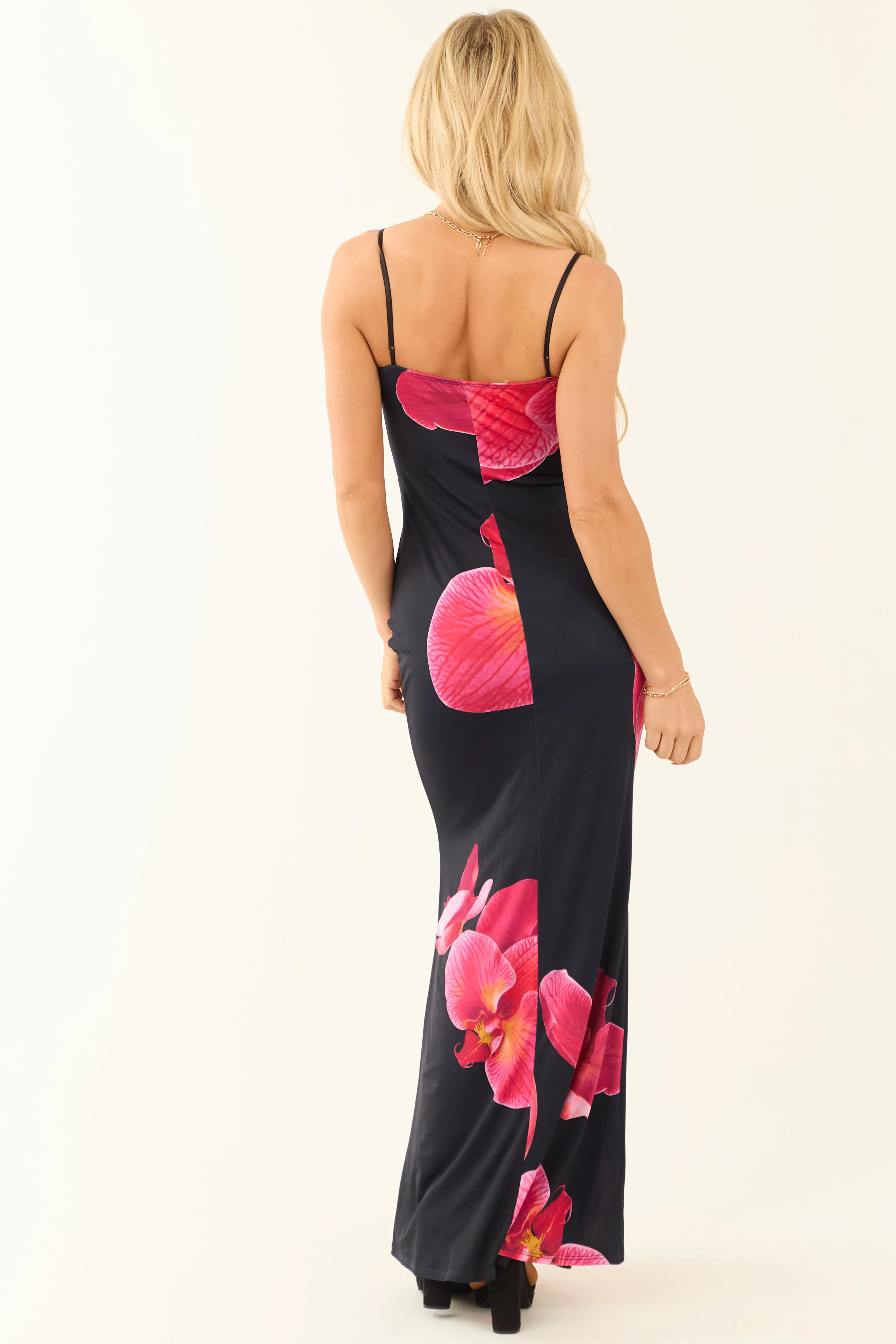 Black Floral Print Sleeveless Satin Maxi Dress sold by Lime Lush product image thumbnail 5