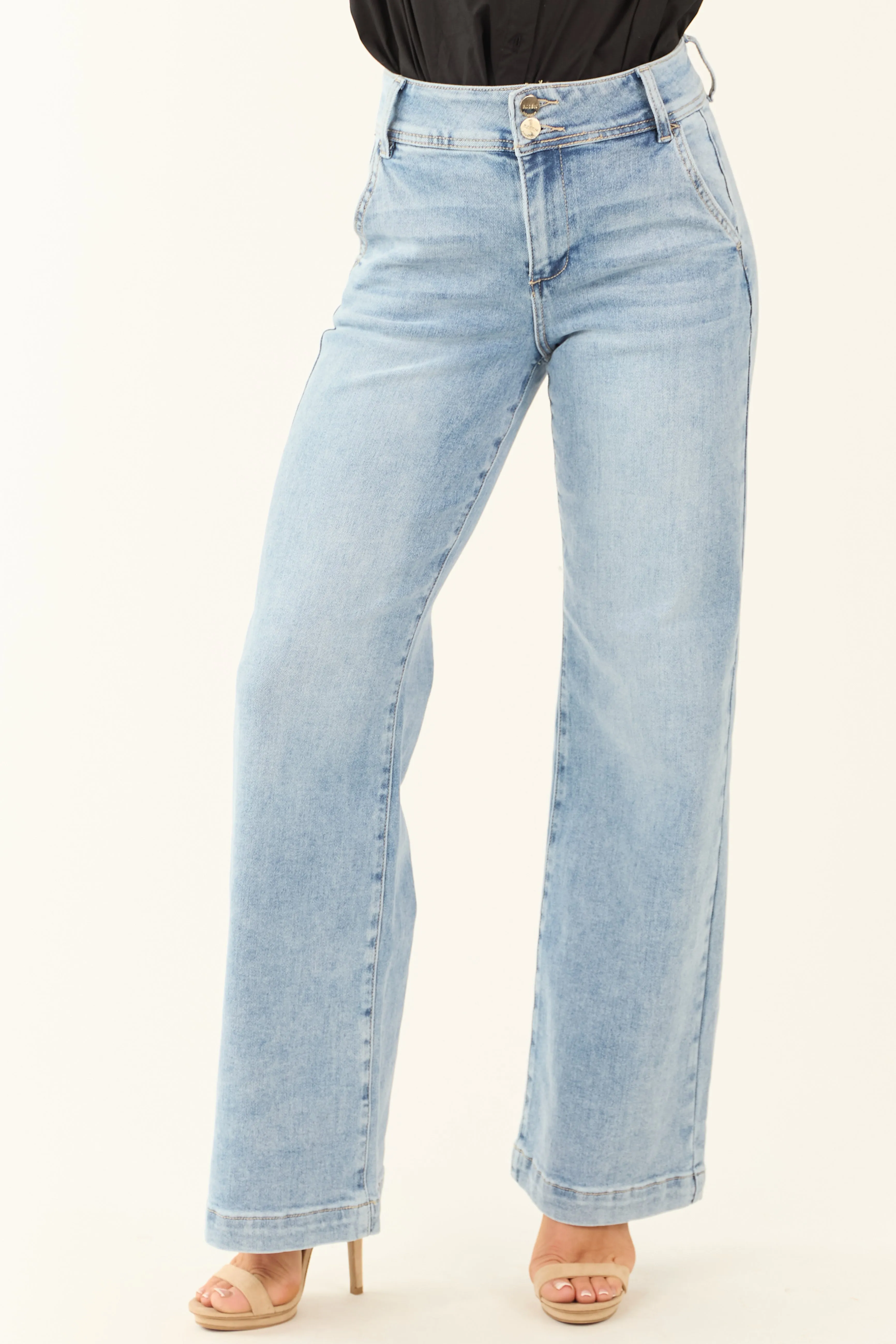 Risen Light Wash Stretchy Double Button Wide Leg Jeans sold by Lime Lush