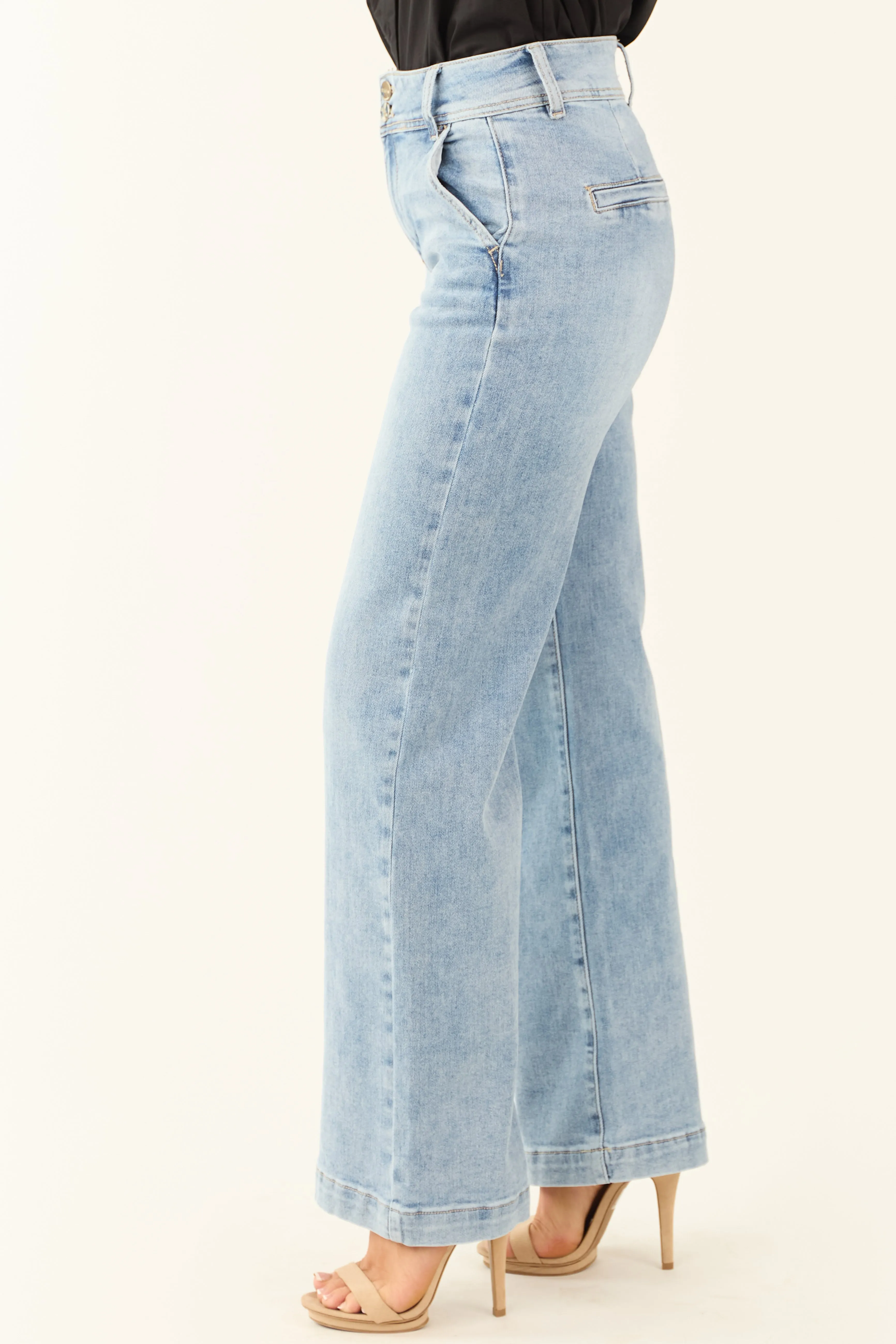 Risen Light Wash Stretchy Double Button Wide Leg Jeans sold by Lime Lush product image thumbnail 3