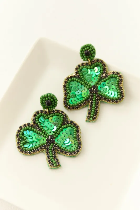 Kelly Green Sequin Clover Drop Earrings sold by Lime Lush