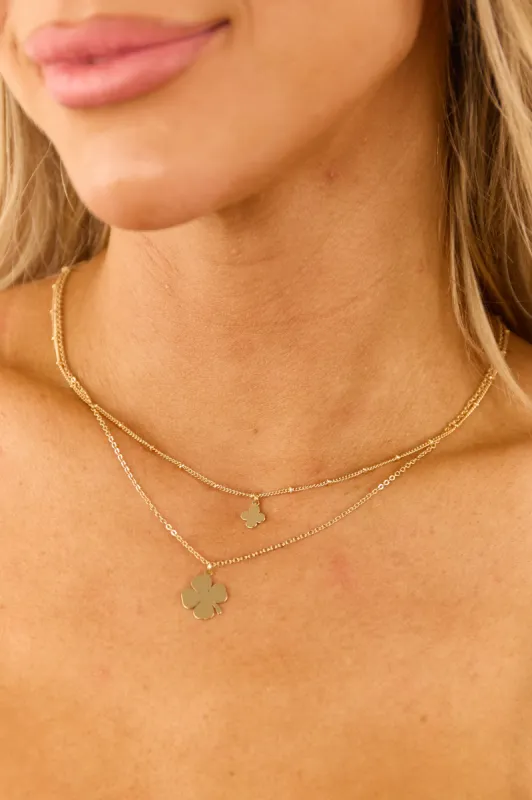 Gold Double Dainty Chain Four Leaf Clover Necklace sold by Lime Lush