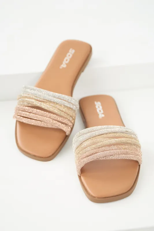 Cognac Rhinestone Open Toed Slip On Sandals sold by Lime Lush