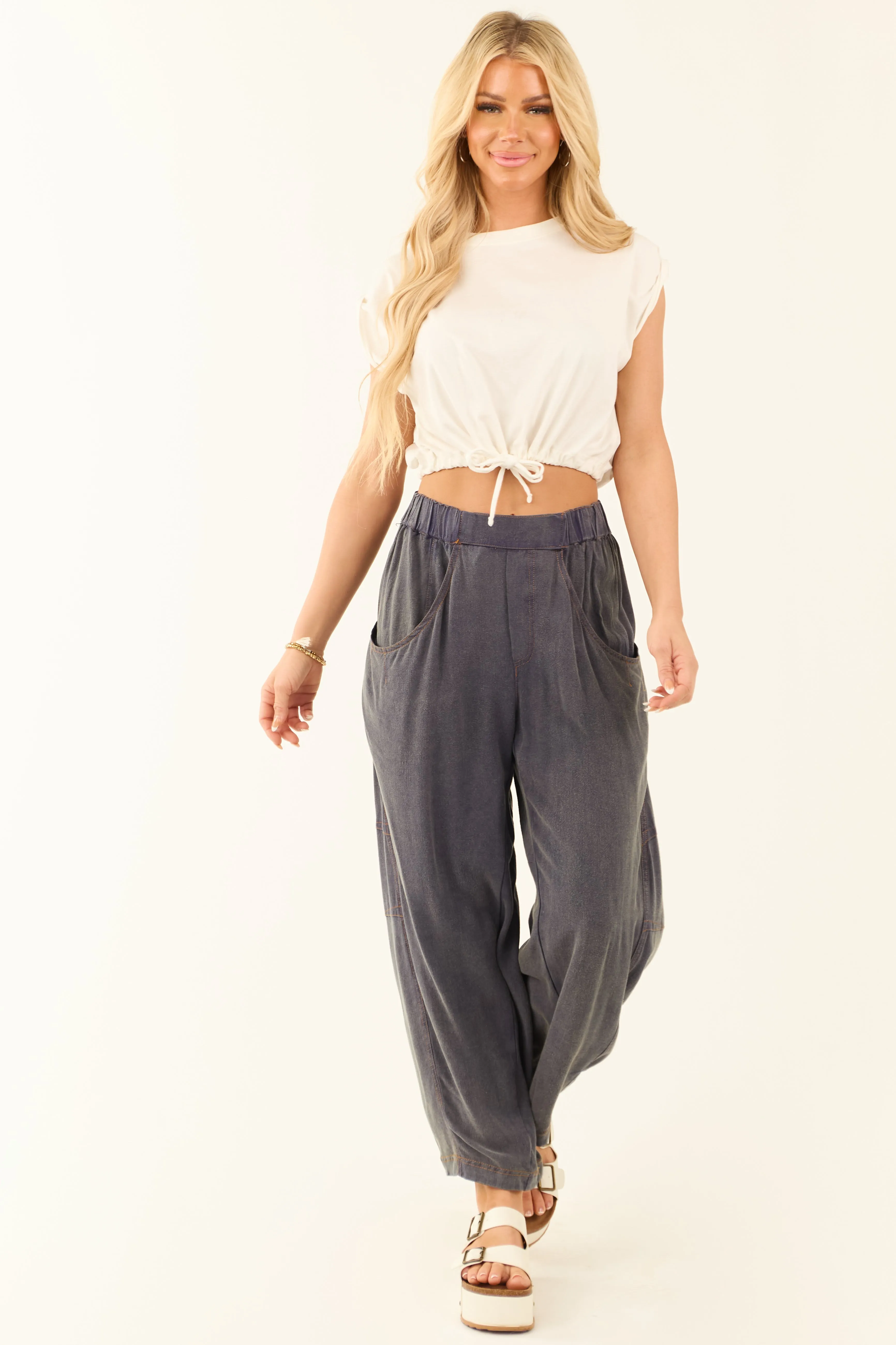 Slate Washed Cropped Loose Linen Barrel Pants sold by Lime Lush