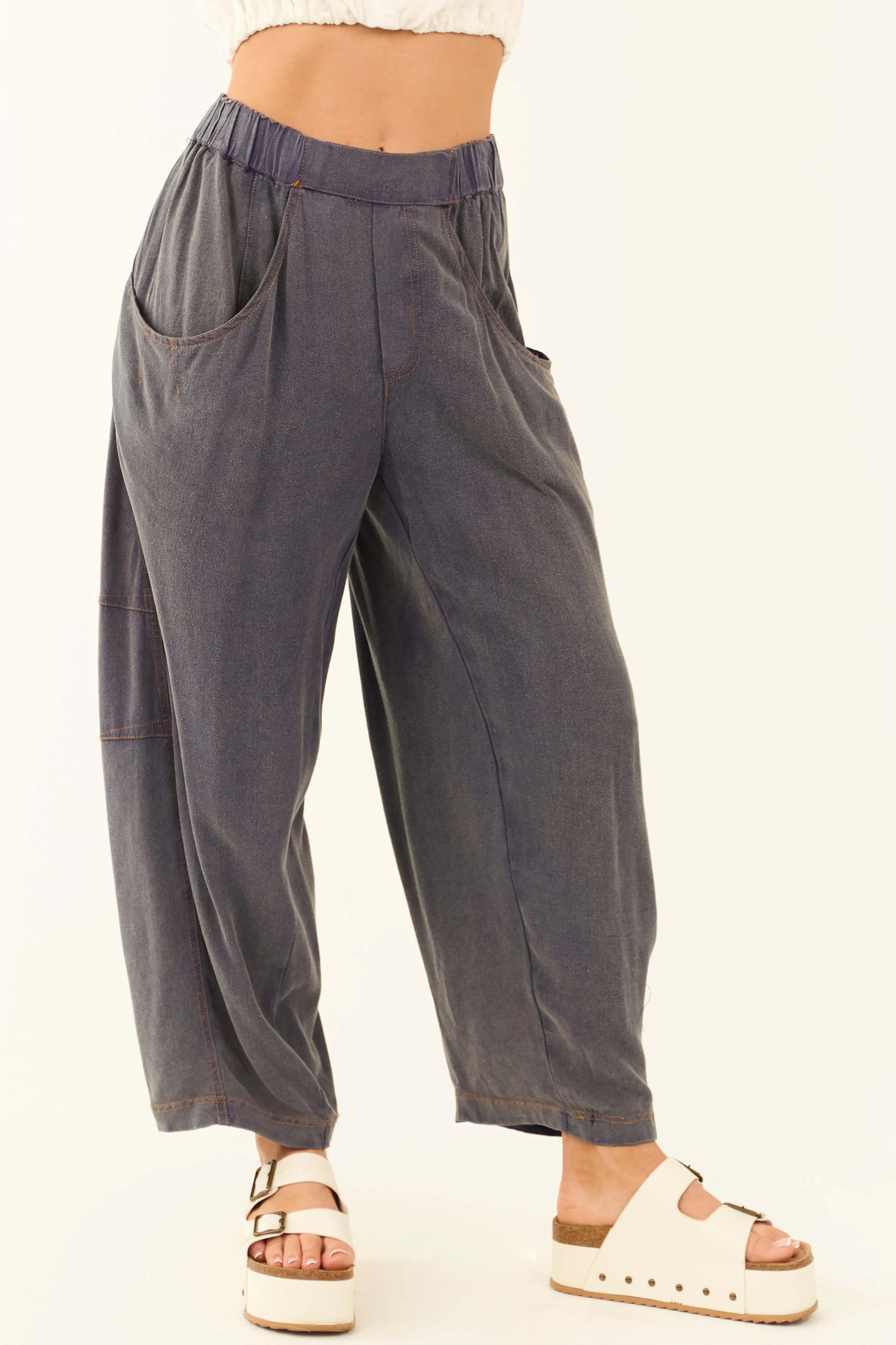 Slate Washed Cropped Loose Linen Barrel Pants sold by Lime Lush product image thumbnail 2