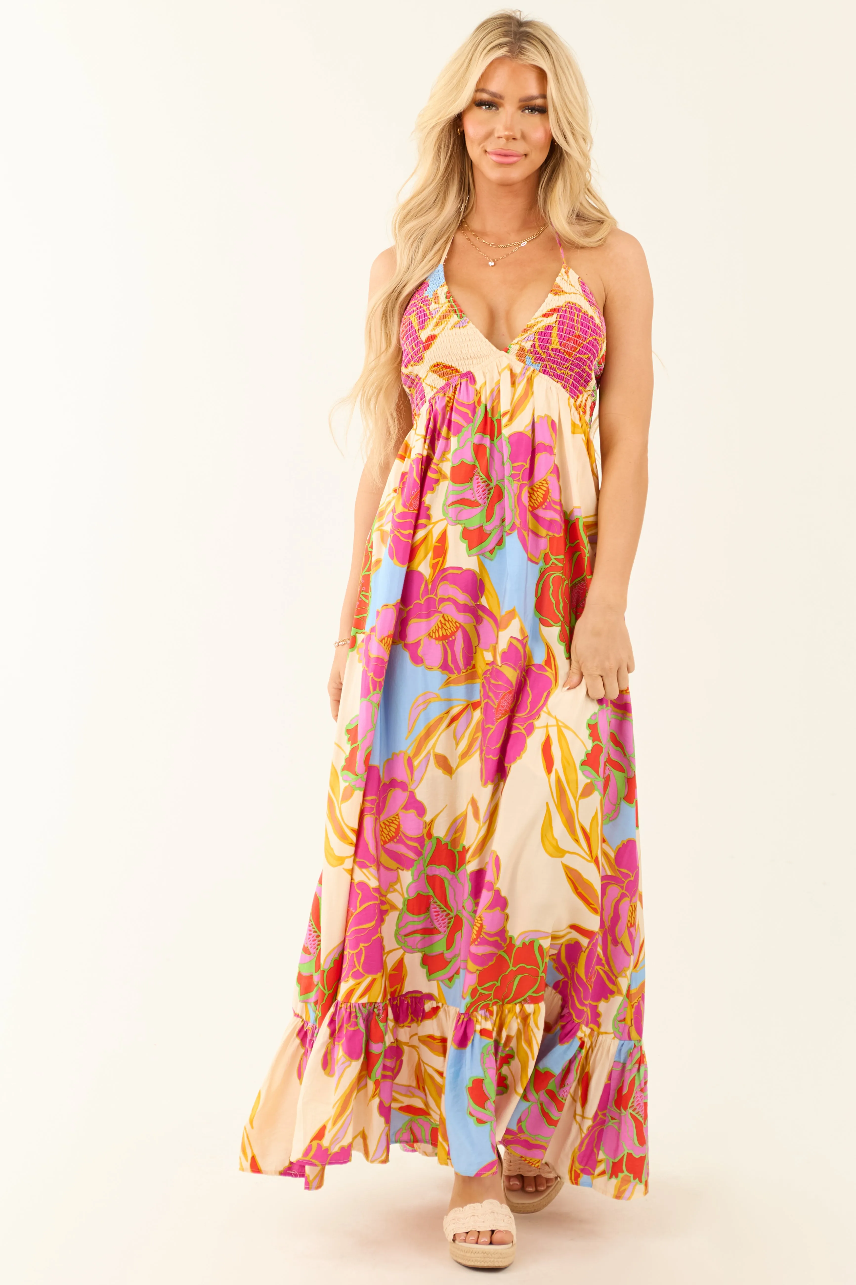 Magenta Floral Smocked Bust Tie Back Maxi Dress sold by Lime Lush