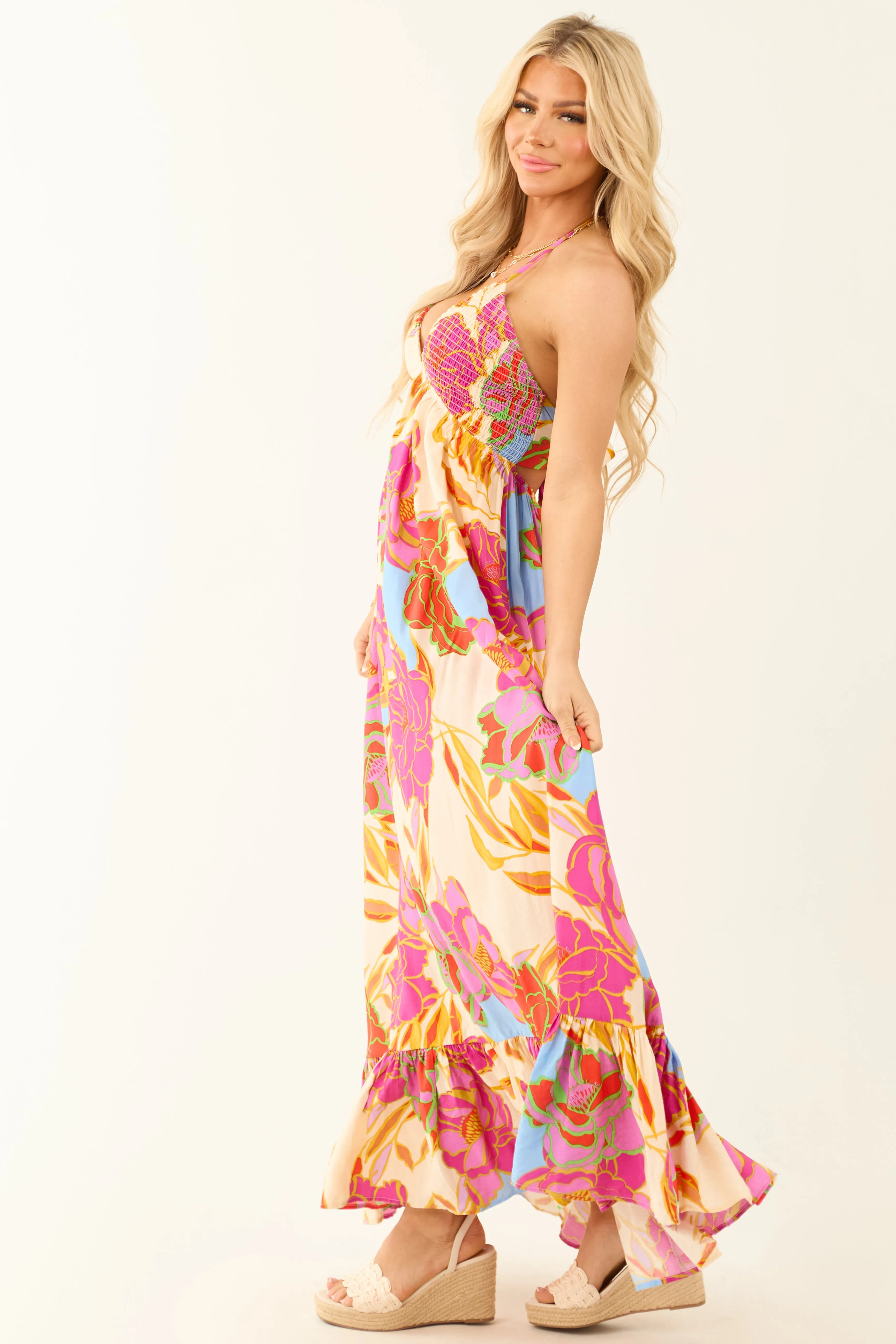 Magenta Floral Smocked Bust Tie Back Maxi Dress sold by Lime Lush product image thumbnail 5