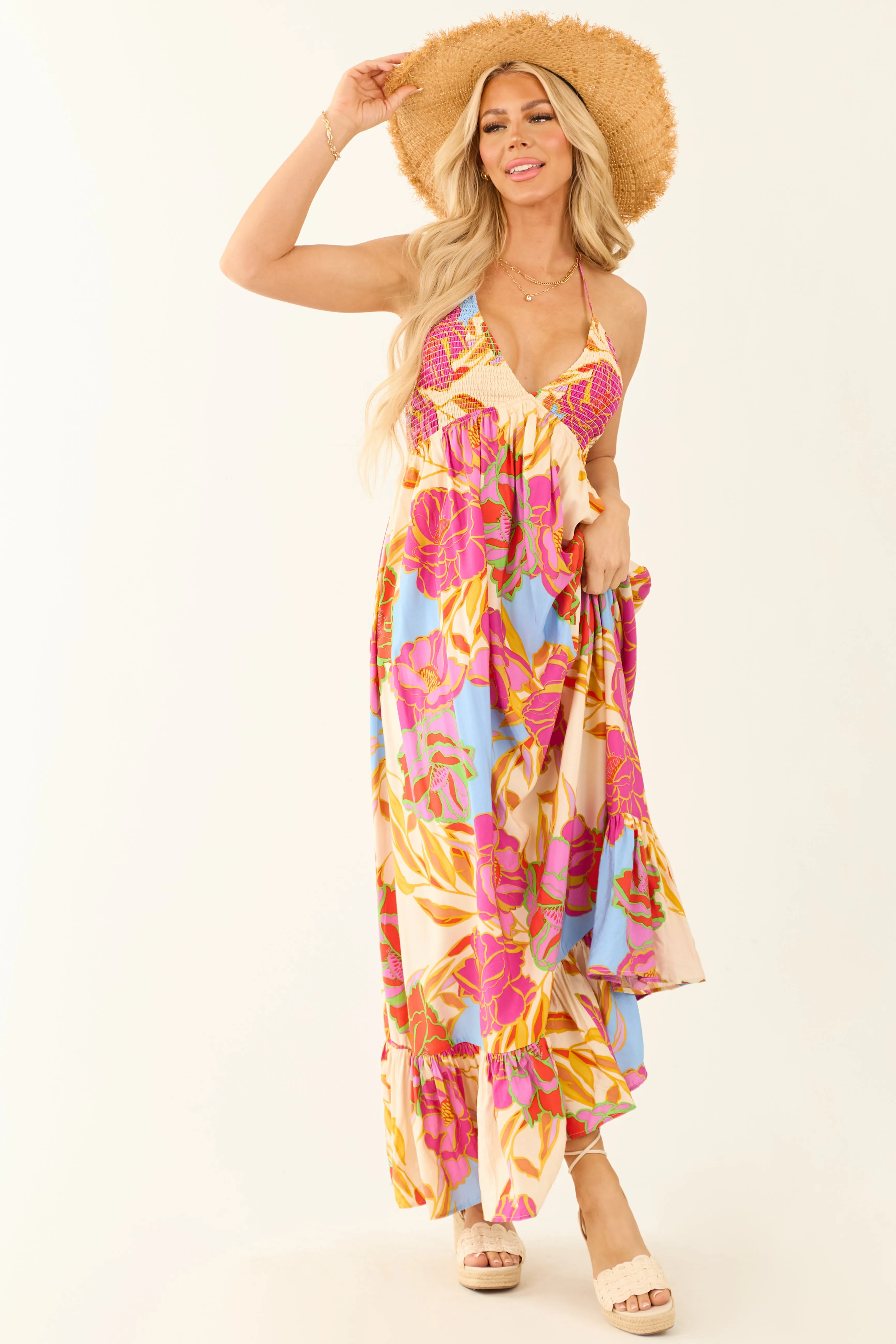 Magenta Floral Smocked Bust Tie Back Maxi Dress sold by Lime Lush product image thumbnail 4