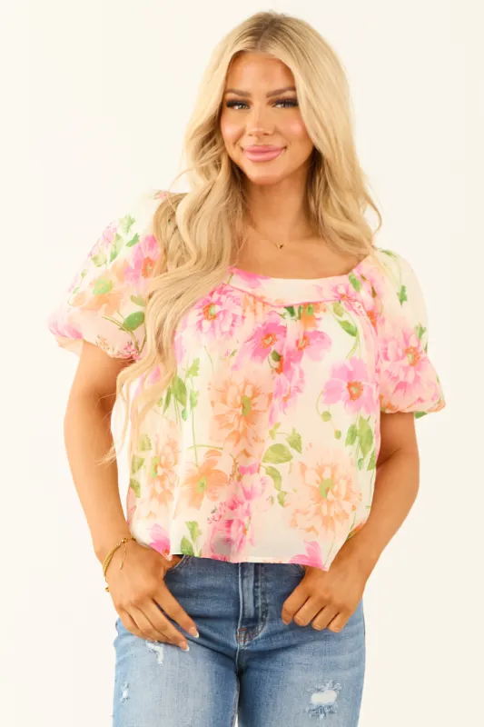 Champagne Floral Print Short Puff Sleeve Blouse sold by Lime Lush
