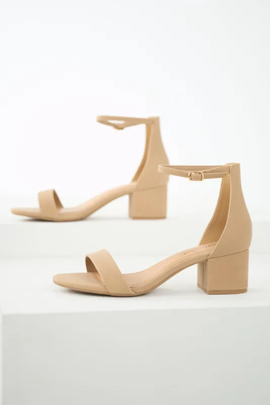 Latte Faux Leather Ankle Strap Block Heels sold by Lime Lush