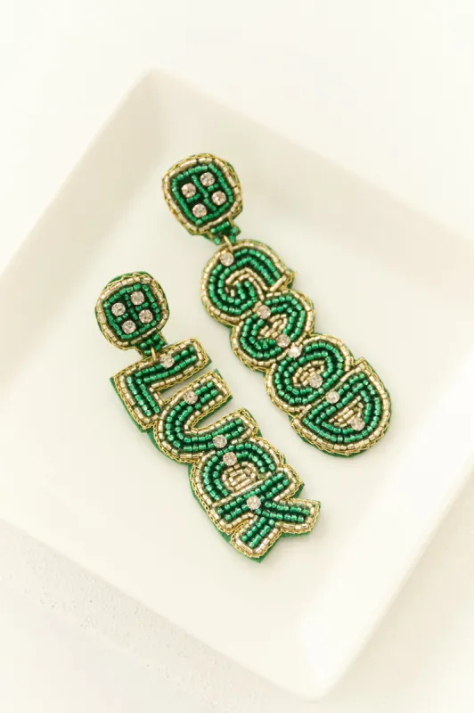 Hunter Green Seed Bead 'Good Luck' Dangle Earrings sold by Lime Lush