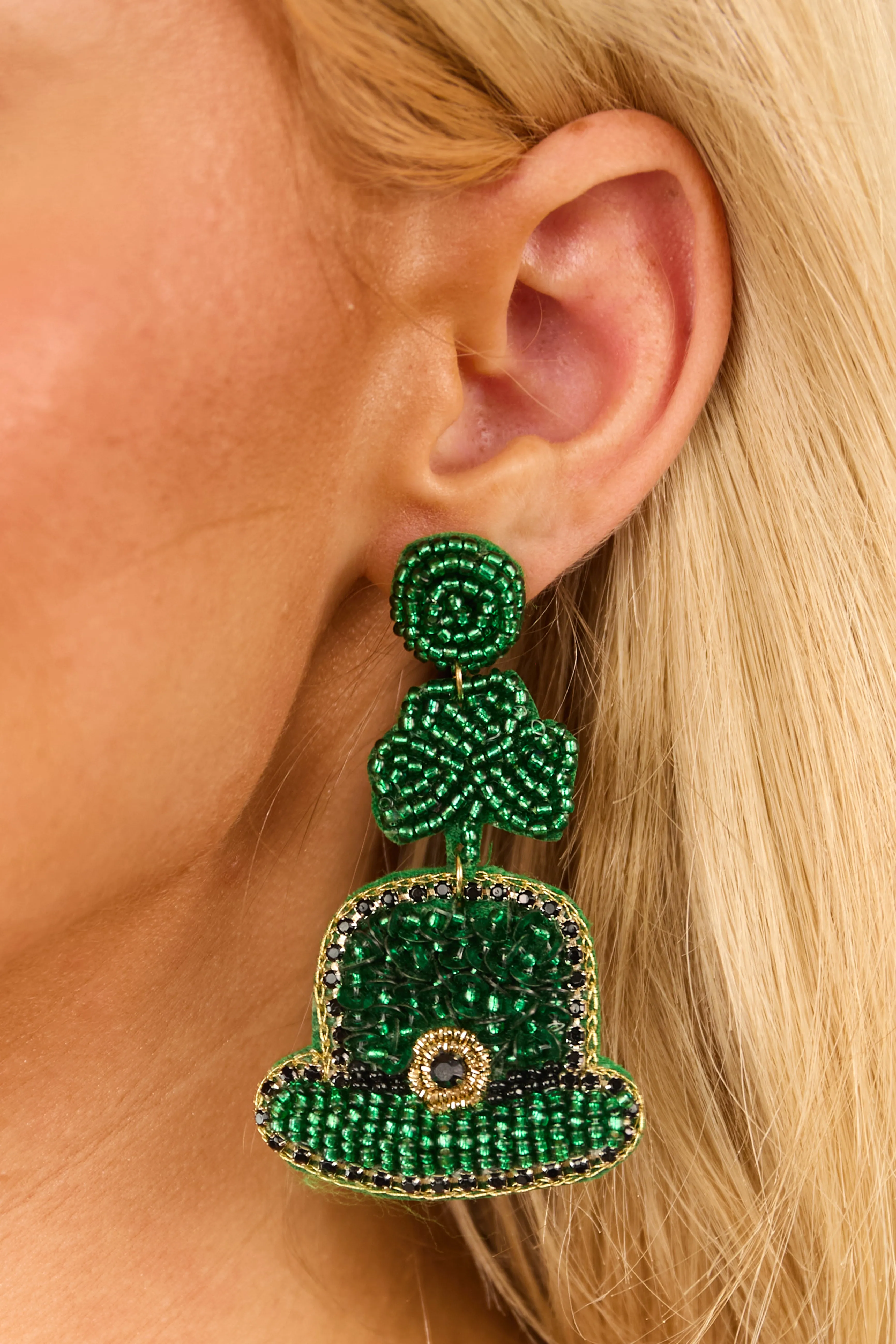 Hunter Green Seed Bead Hat Clover Dangle Earrings sold by Lime Lush product image thumbnail 2