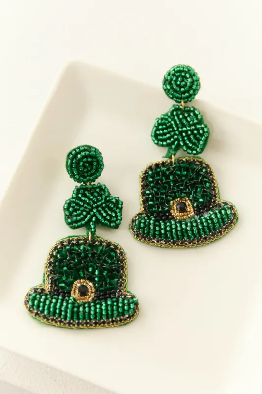 Hunter Green Seed Bead Hat Clover Dangle Earrings sold by Lime Lush