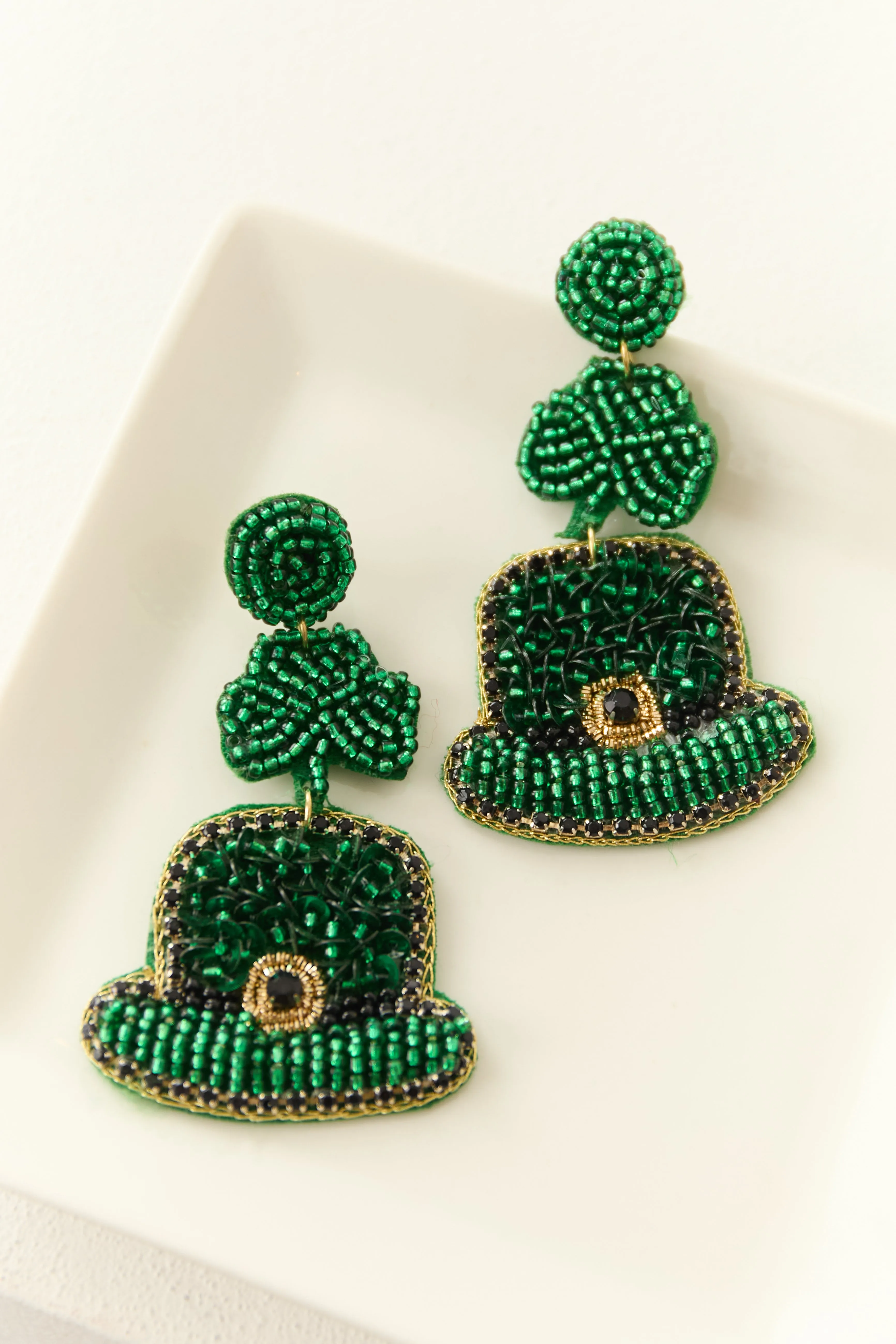 Hunter Green Seed Bead Hat Clover Dangle Earrings sold by Lime Lush