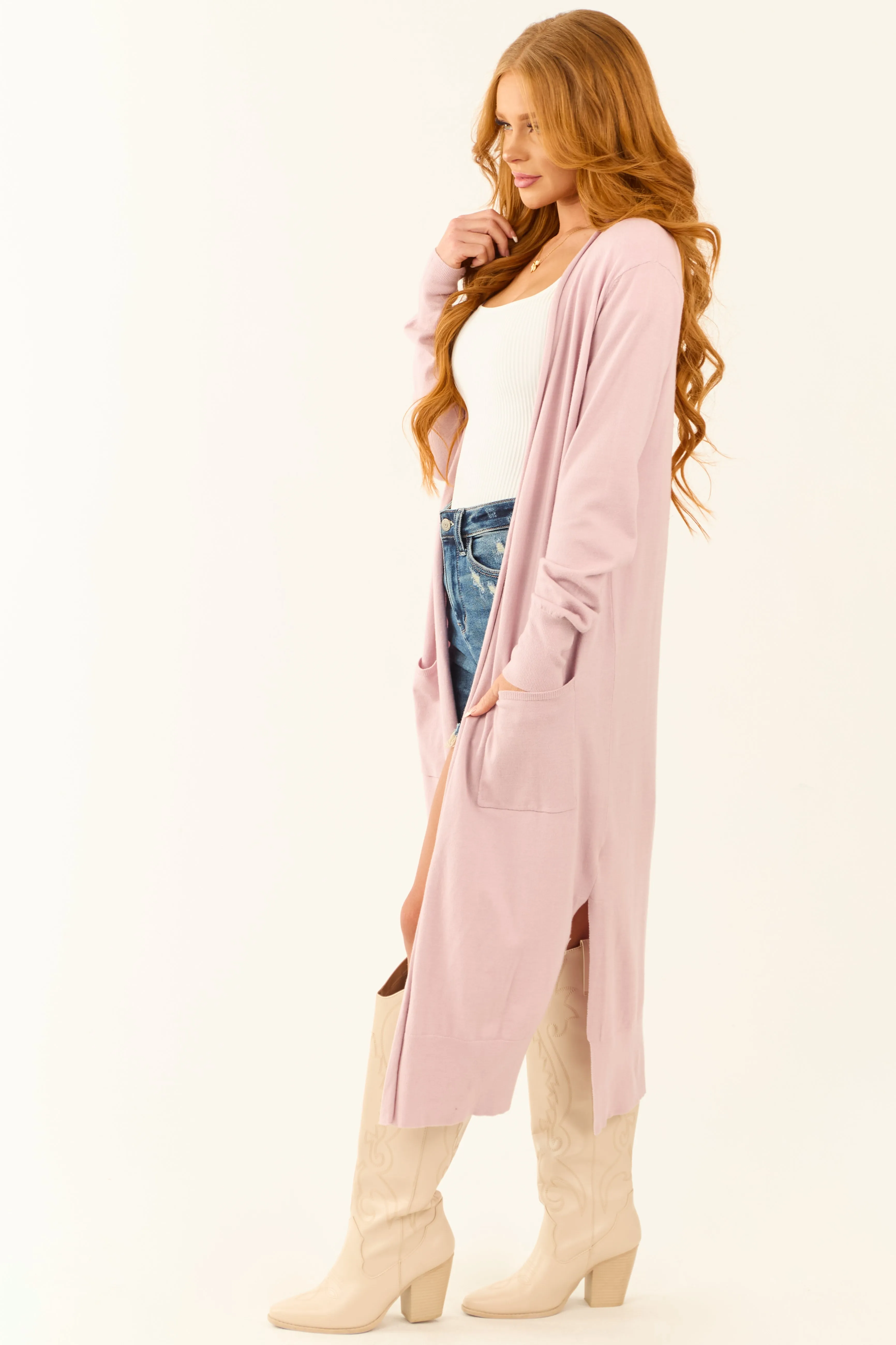 Mauve Open Front A-Line Long Sleeve Duster Cardigan sold by Lime Lush product image thumbnail 5