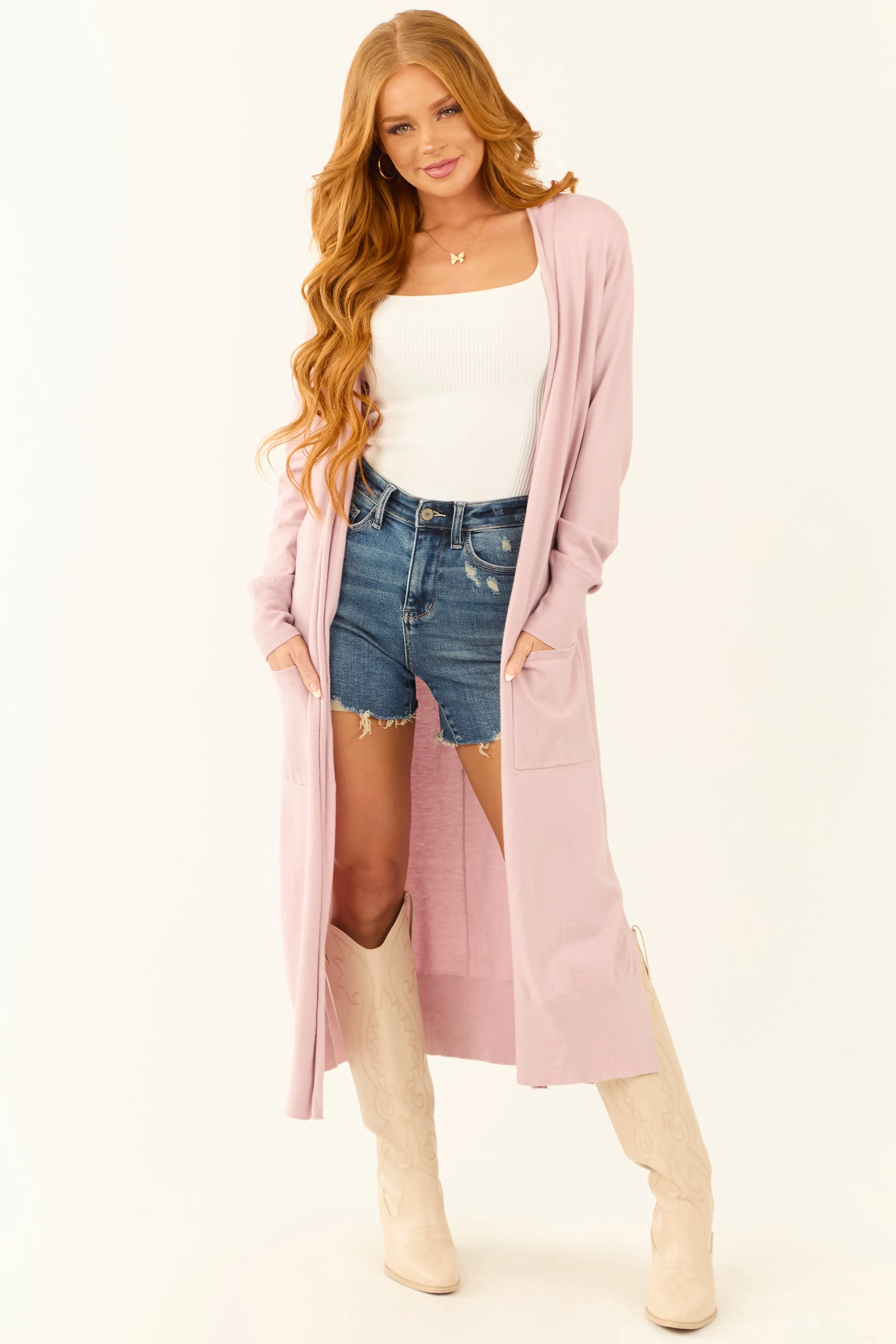 Mauve Open Front A-Line Long Sleeve Duster Cardigan sold by Lime Lush product image thumbnail 2