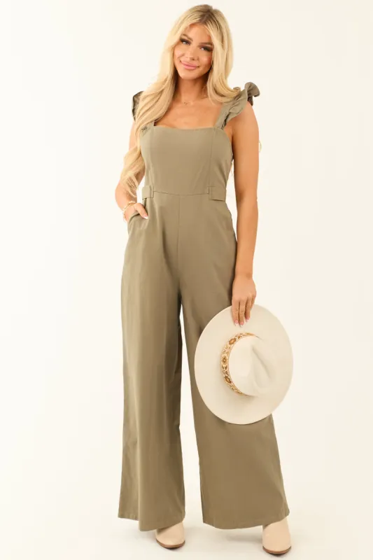 Olive Sleeveless Ruffle Strap Wide Leg Jumpsuit sold by Lime Lush