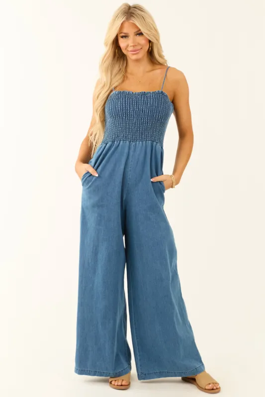 Medium Wash Chambray Sleeveless Wide Leg Jumpsuit sold by Lime Lush