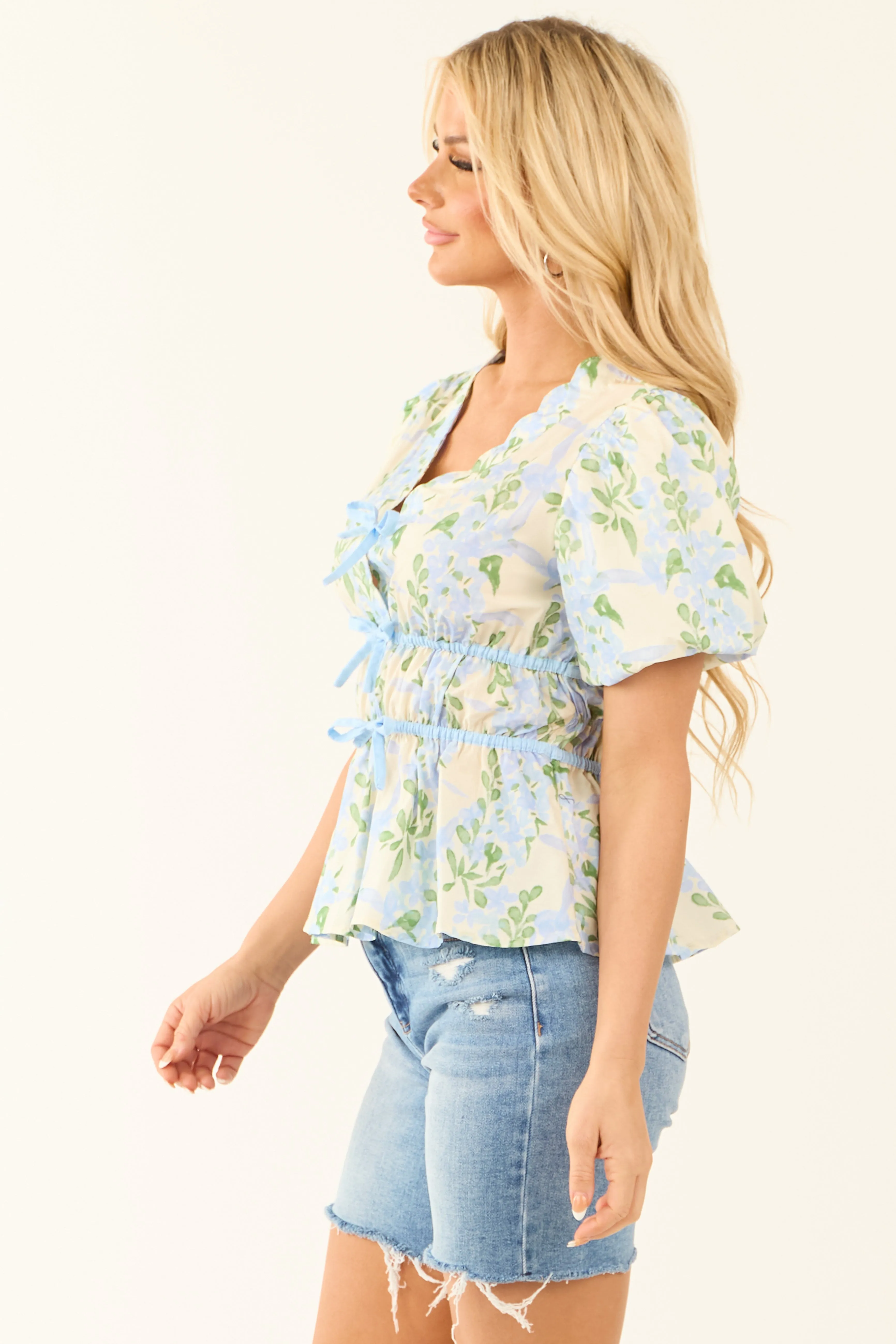 Light Cornflower Short Puff Sleeve Front Tie Blouse sold by Lime Lush product image thumbnail 4