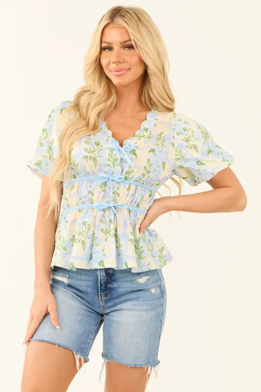 Light Cornflower Short Puff Sleeve Front Tie Blouse sold by Lime Lush