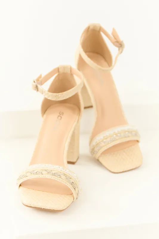 Sand Woven Open Square Toed Rhinestone Heels sold by Lime Lush