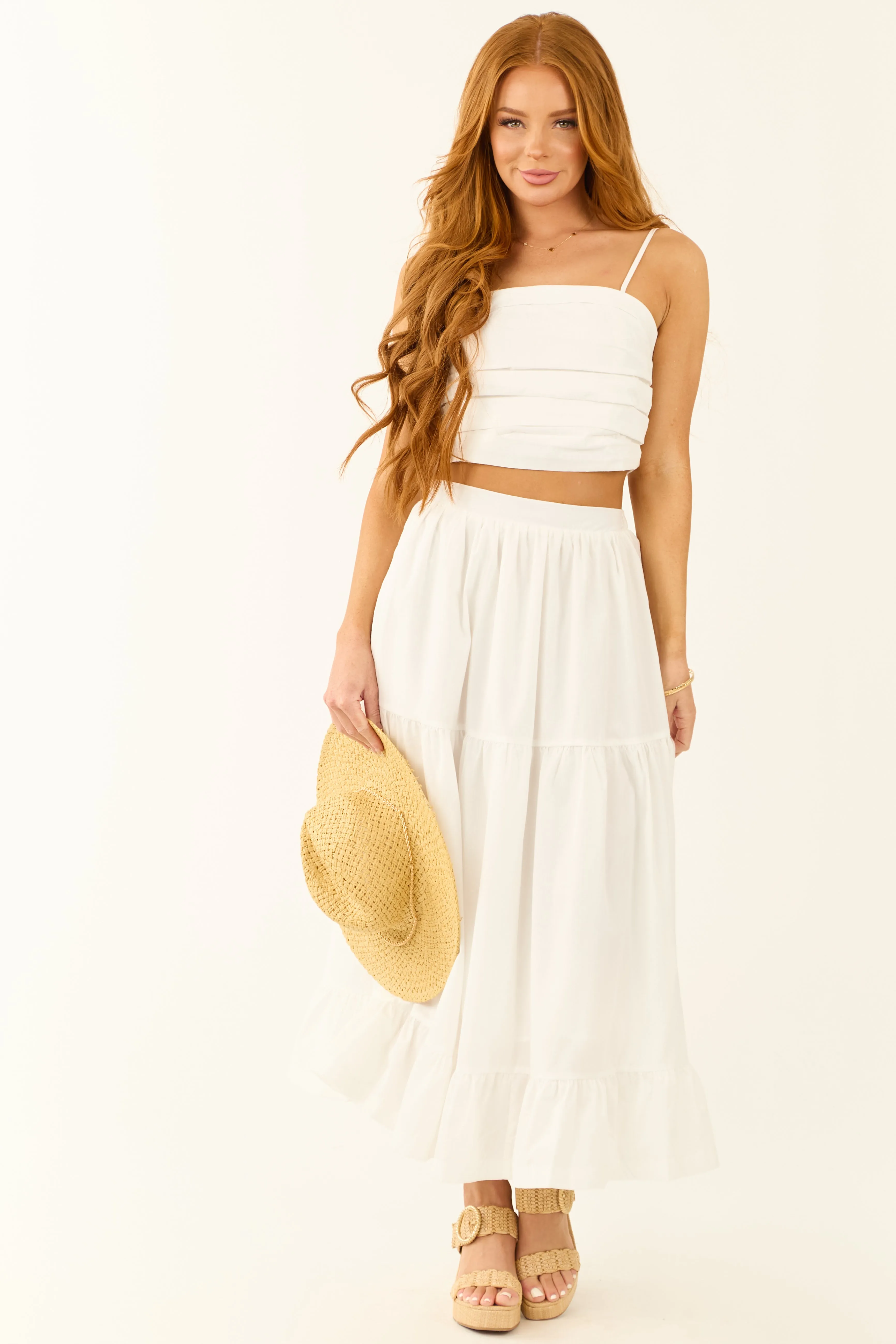 Off White Ruched Crop Top and Maxi Skirt Set sold by Lime Lush