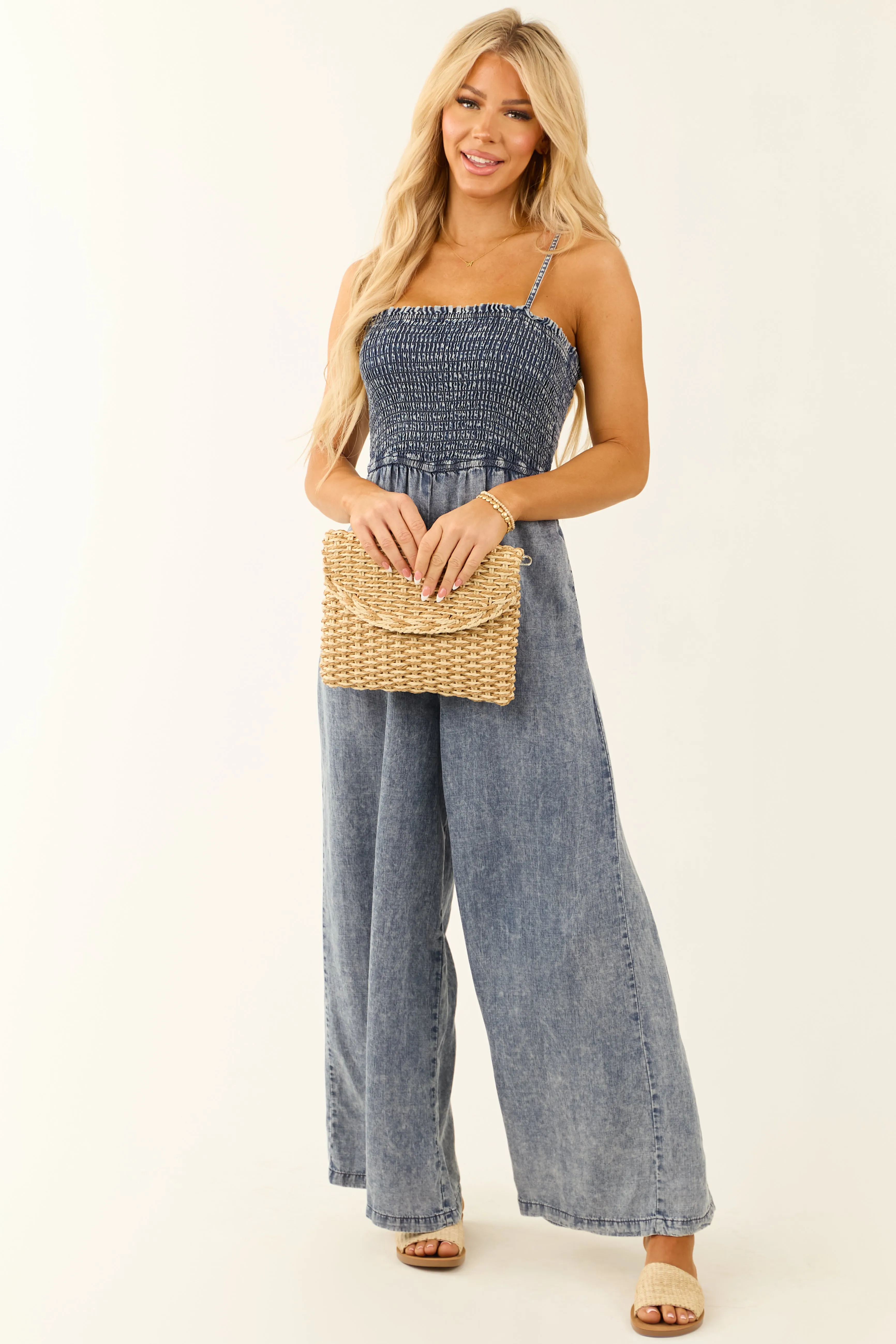 Dark Mineral Wash Smocked Wide Leg Jumpsuit sold by Lime Lush product image thumbnail 3