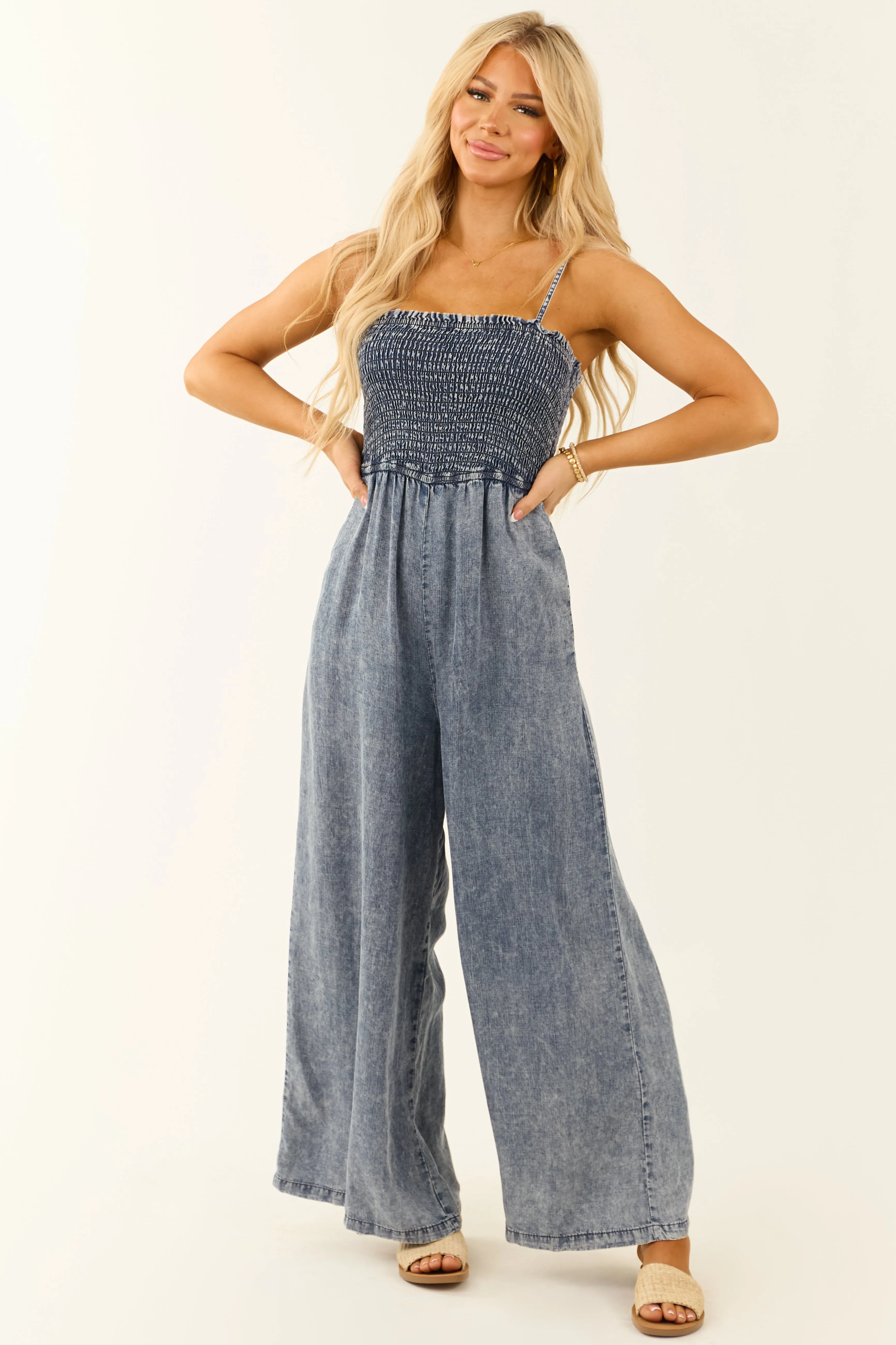 Dark Mineral Wash Smocked Wide Leg Jumpsuit sold by Lime Lush