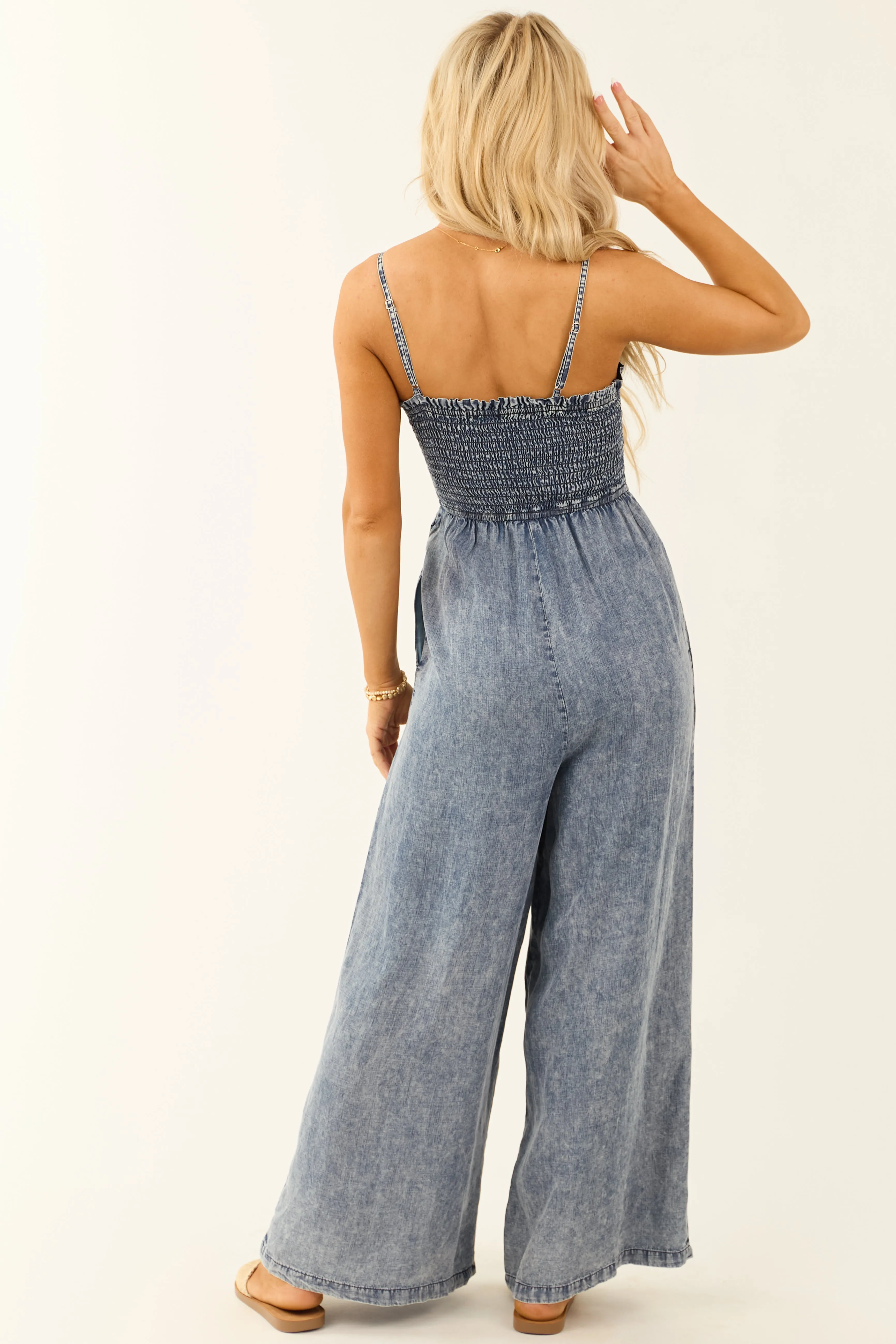 Dark Mineral Wash Smocked Wide Leg Jumpsuit sold by Lime Lush product image thumbnail 5