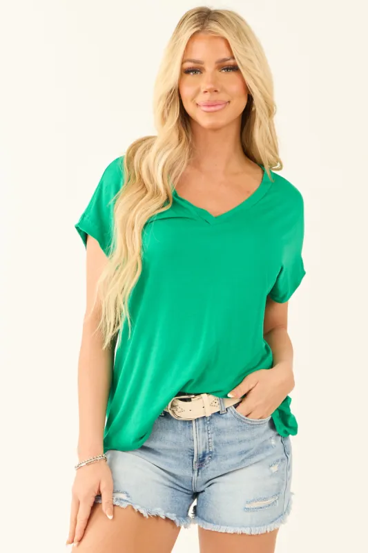 Kelly Green Short Sleeve V Neckline Loose Fit Top sold by Lime Lush