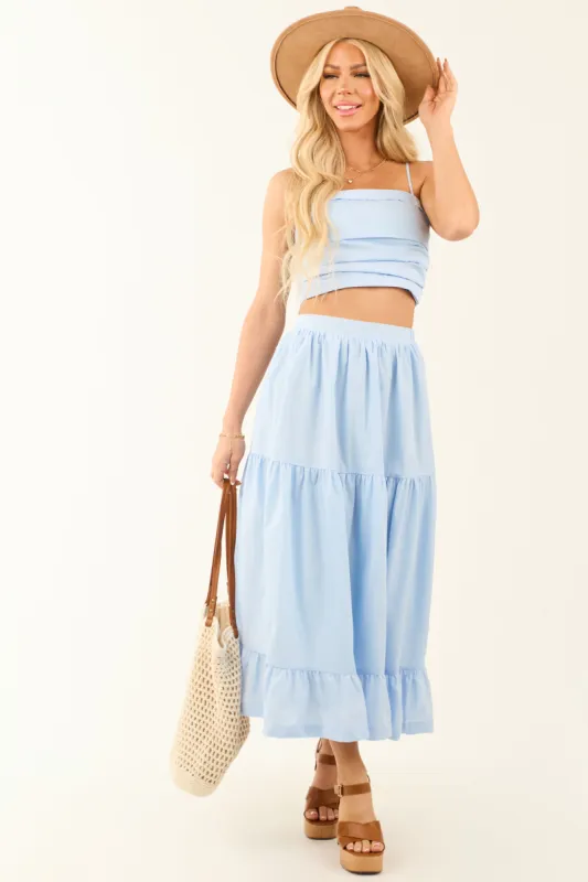 Sky Blue Ruched Crop Top and Maxi Skirt Set sold by Lime Lush