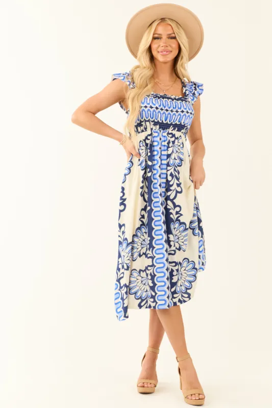 Cream and Cobalt Abstract Print Ruffle Strap Midi Dress made by Umgee