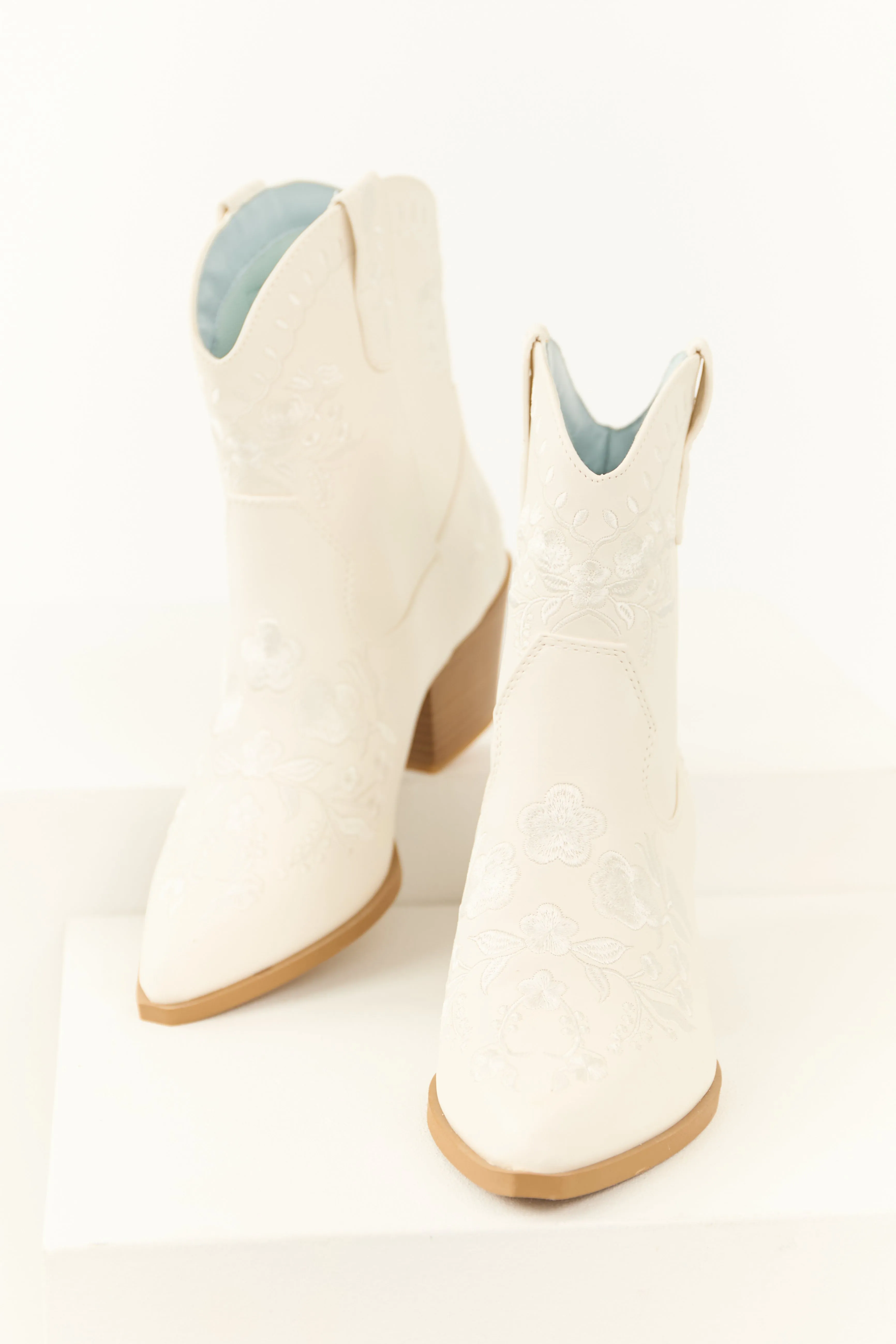 White Floral Embroidered Stacked Heel Booties sold by Lime Lush product image thumbnail 2