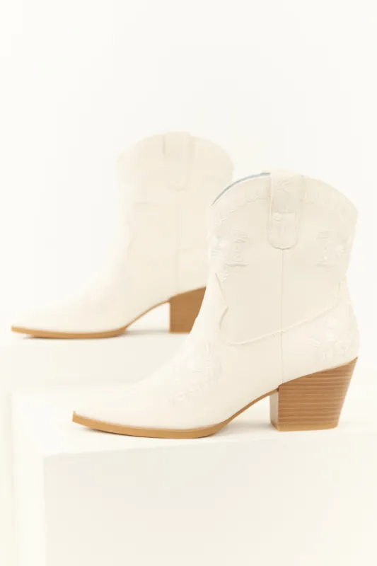 White Floral Embroidered Stacked Heel Booties sold by Lime Lush