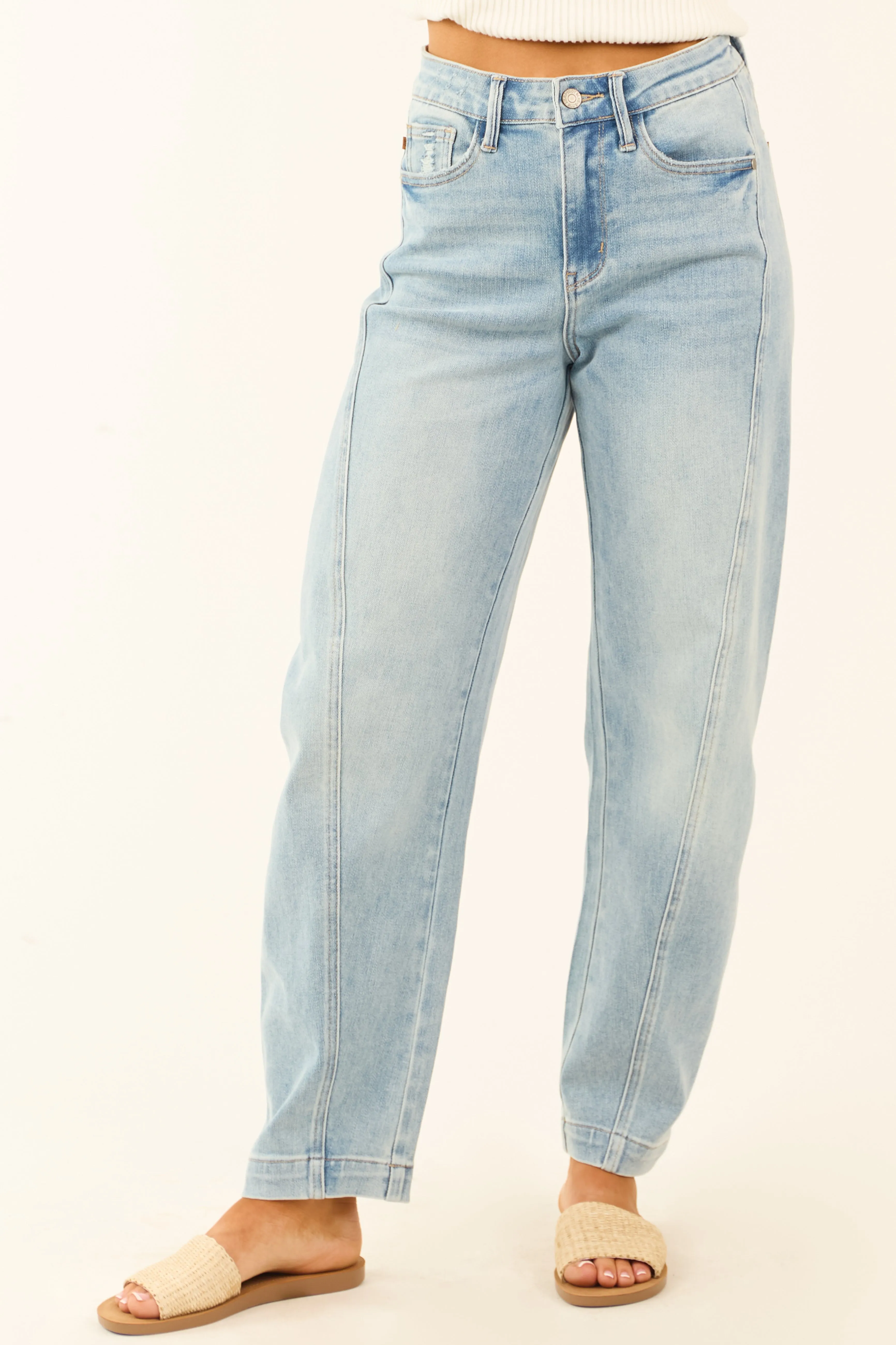 Judy Blue Light Wash Panel Stretchy Barrel Jeans sold by Lime Lush