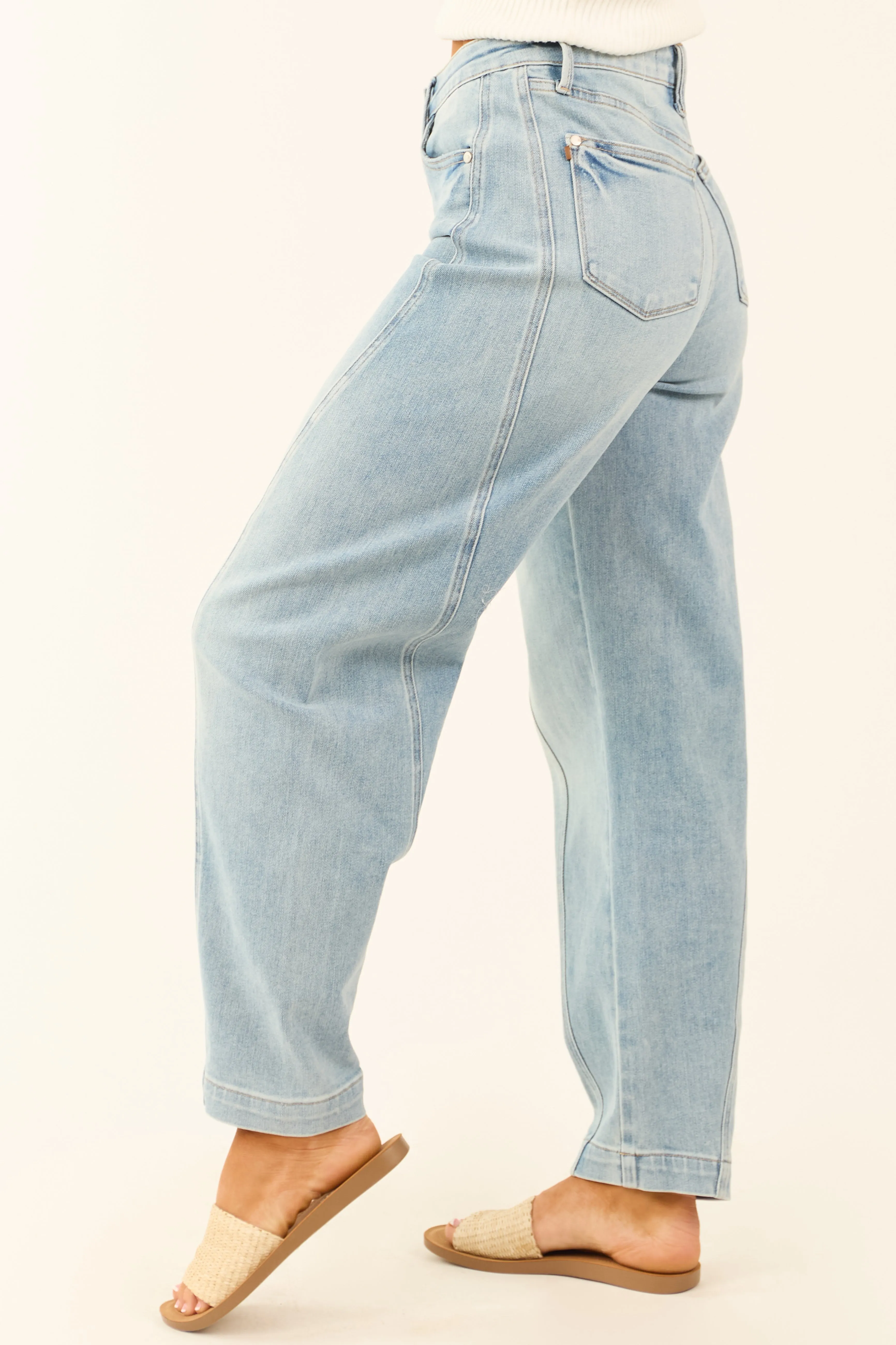 Judy Blue Light Wash Panel Stretchy Barrel Jeans sold by Lime Lush product image thumbnail 3
