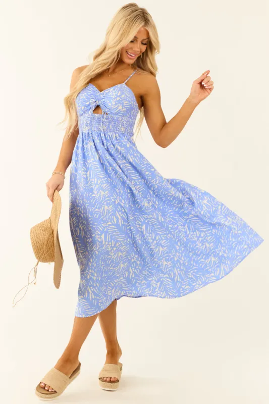 Cornflower Abstract Leaf Print Ruched Midi Dress sold by Lime Lush