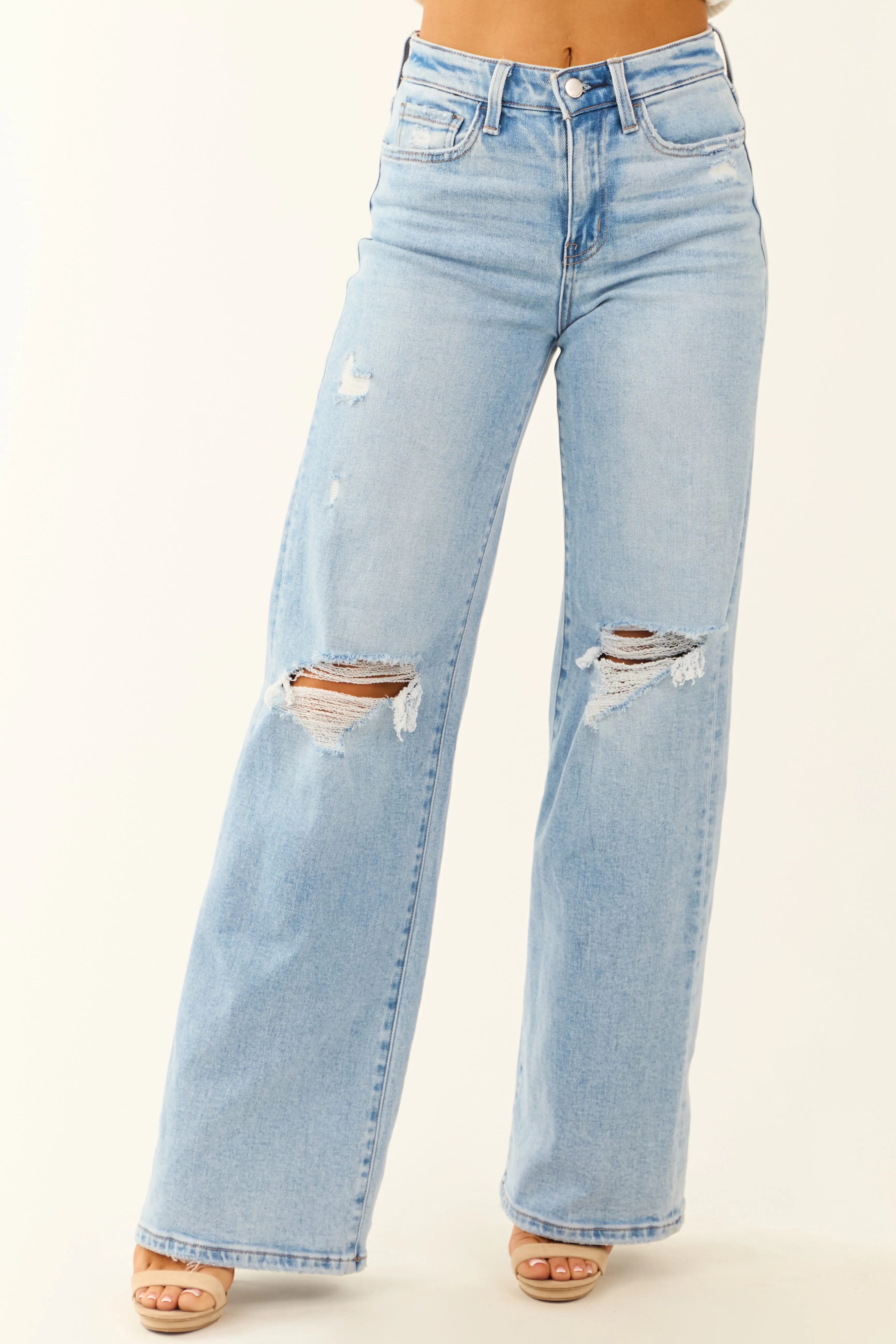 Flying Monkey Distressed Knee Stretchy Wide Leg Jeans sold by Lime Lush