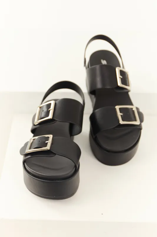 Black Faux Leather Silver Buckle Platform Sandals sold by Lime Lush