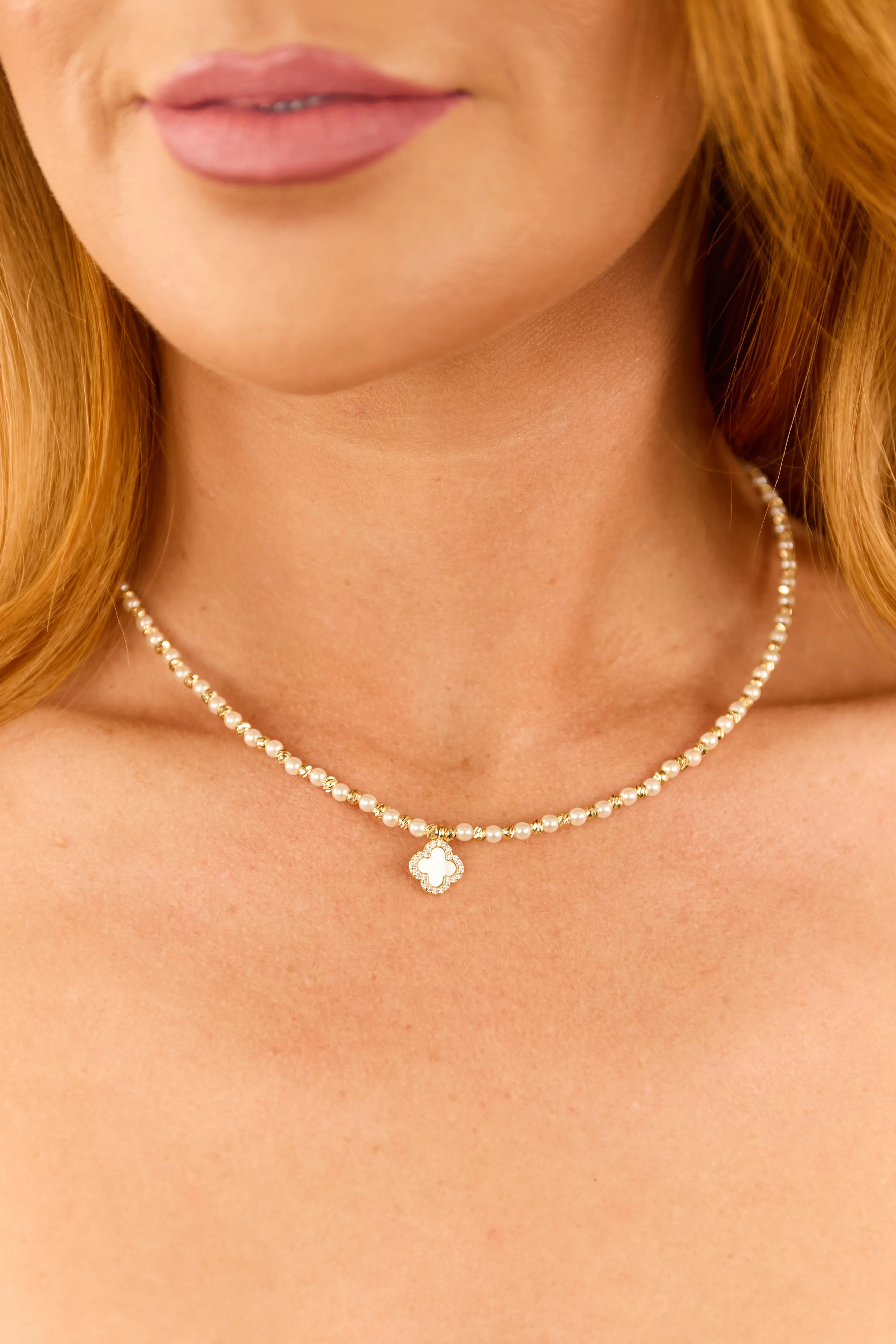 Gold Clover Pendant Pearl Beaded Necklace sold by Lime Lush