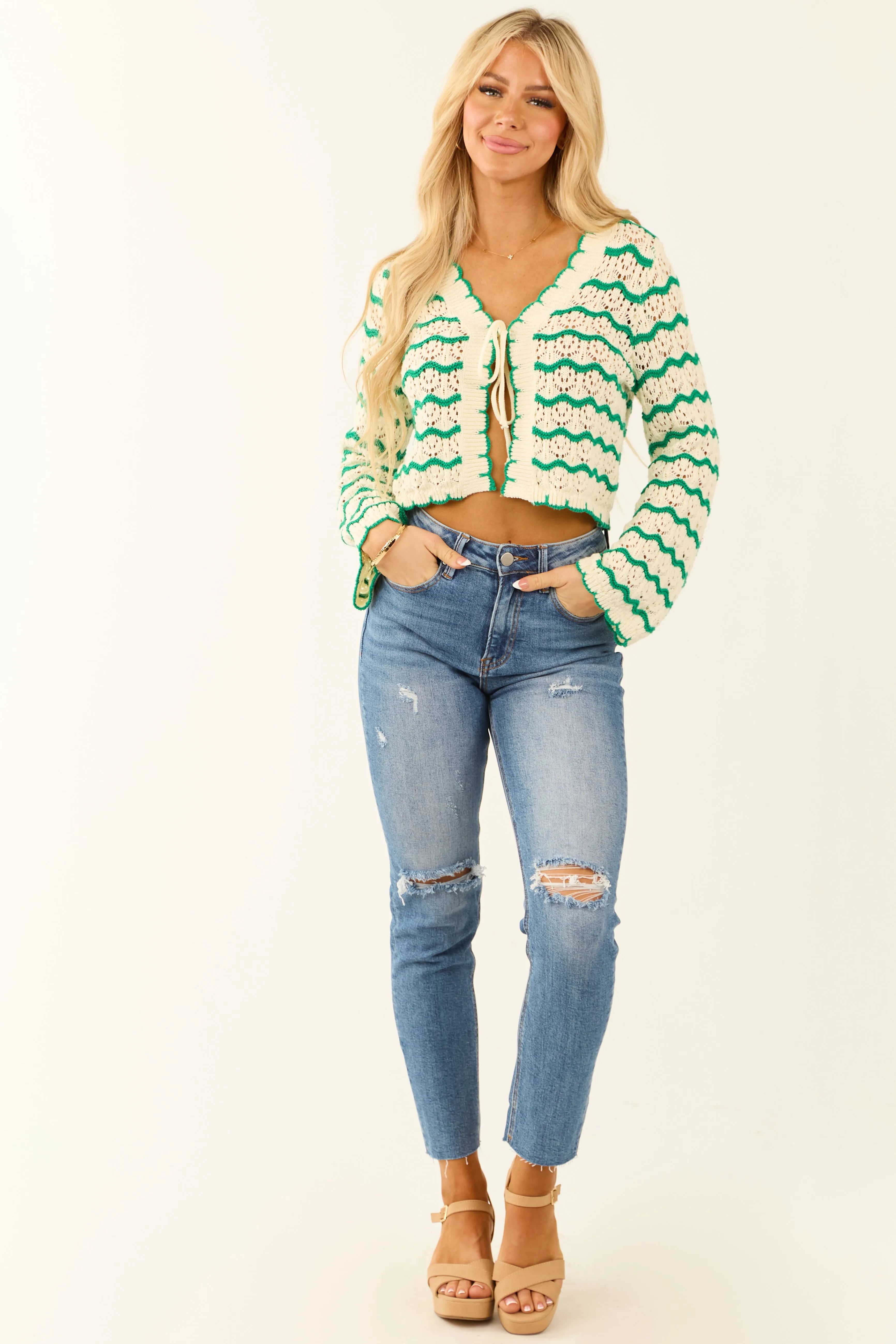 Jade Zig Zag Striped Front Tie Crochet Knit Cardigan sold by Lime Lush product image thumbnail 2