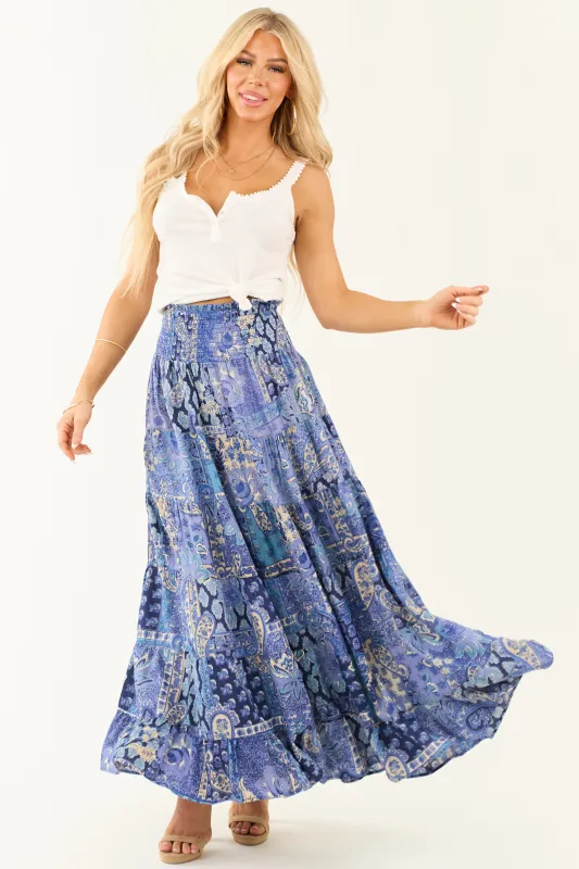 Dusty Blue Floral Print Smocked Tiered Maxi Skirt sold by Lime Lush