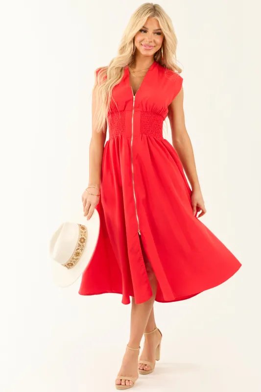 Lipstick Sleeveless V Neck Zipper Front Midi Dress made by entro
