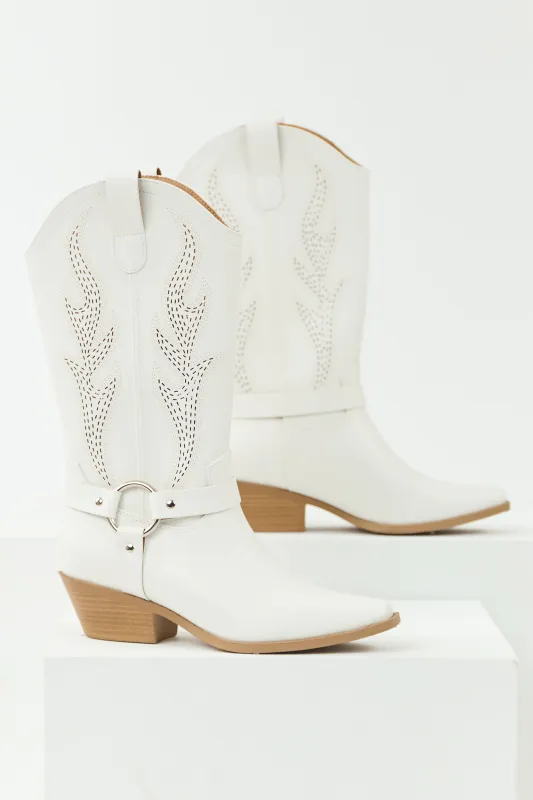 Off White Embroidered Riding Strap Heeled Boots sold by Lime Lush