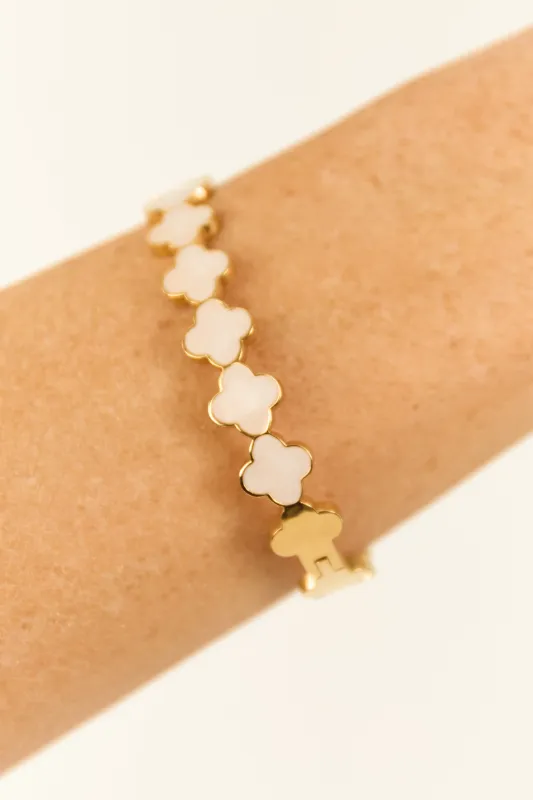 Gold Metallic Clover Abalone Hinge Bangle Bracelet sold by Lime Lush
