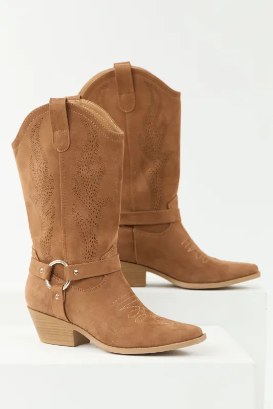 Peanut Embroidered Riding Strap Heeled Boots sold by Lime Lush