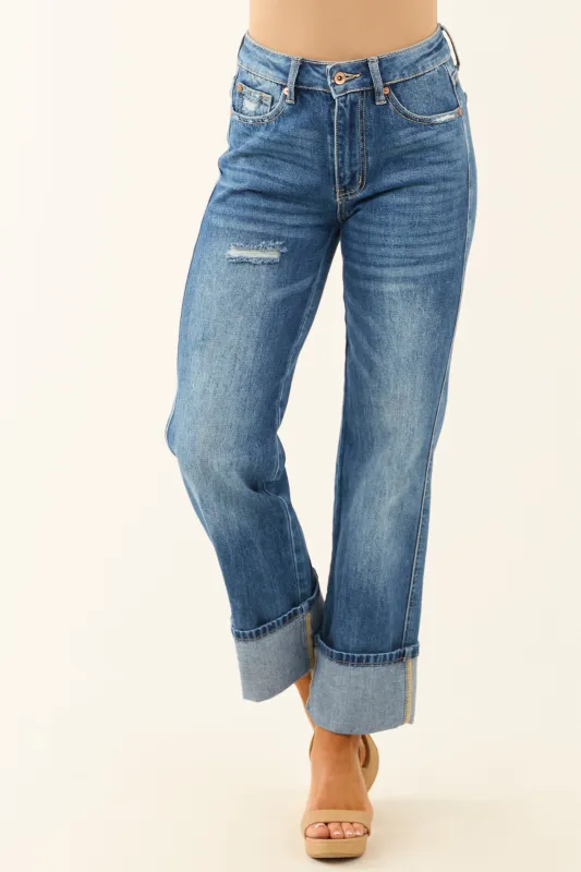 Special A Medium Wash Cuffed High Rise Straight Jeans sold by Lime Lush