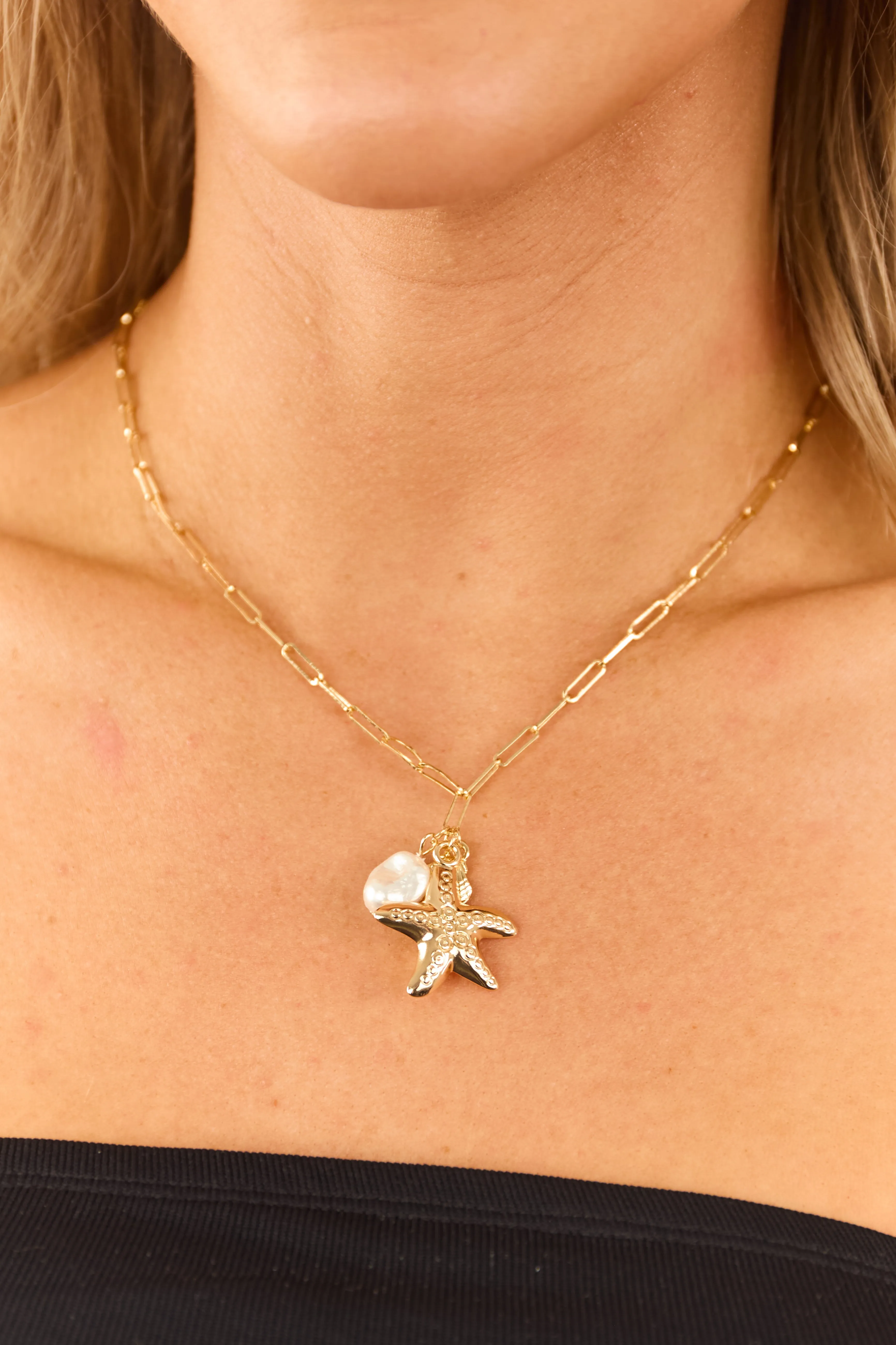 Gold Starfish Clam Pearl Pendant Chain Necklace sold by Lime Lush