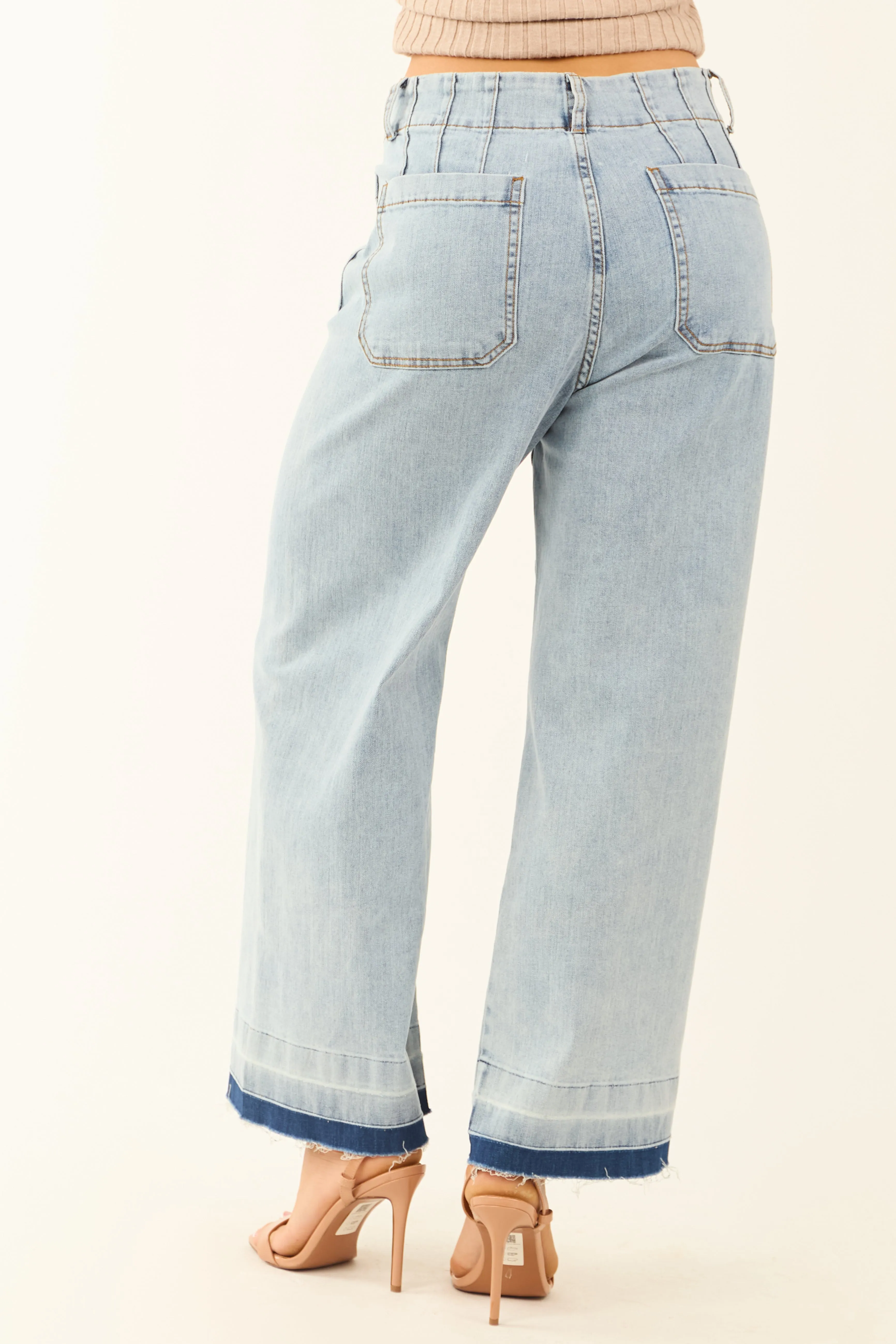Light Mineral Wash Denim Ombre Hem Patch Pocket Jeans sold by Lime Lush product image thumbnail 4