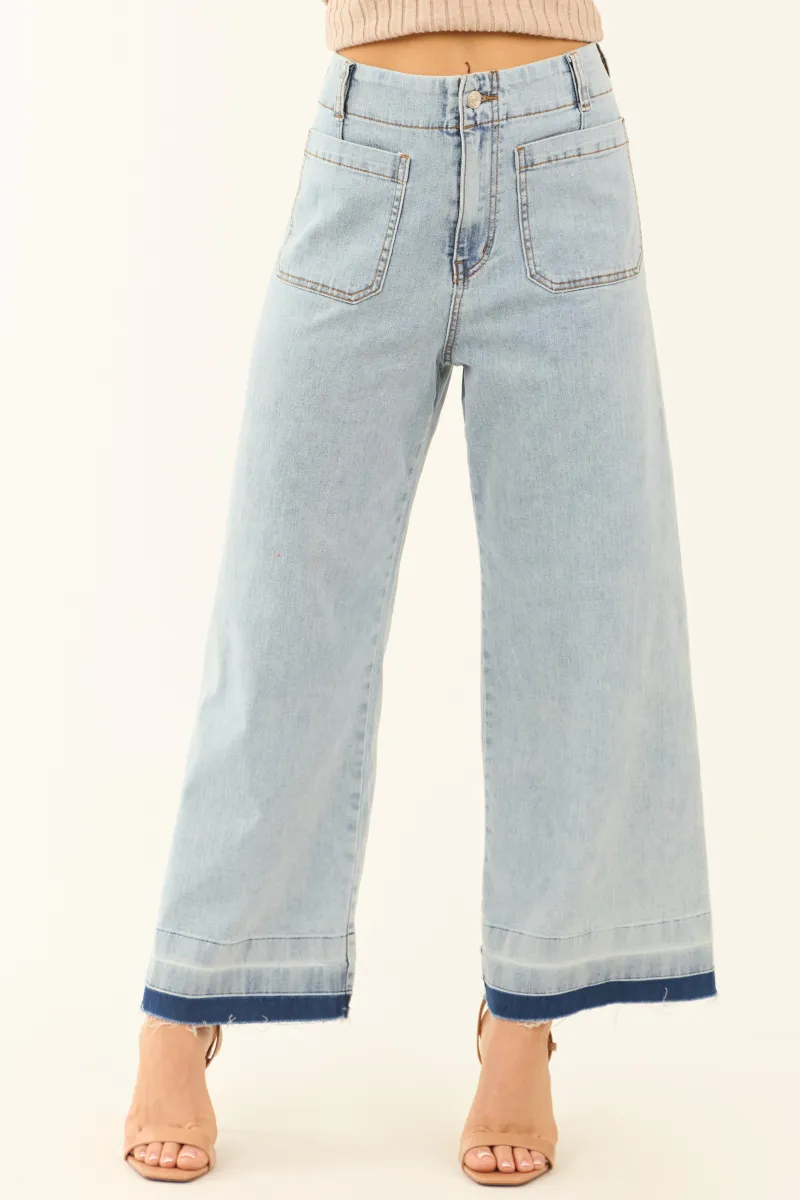 Light Mineral Wash Denim Ombre Hem Patch Pocket Jeans sold by Lime Lush