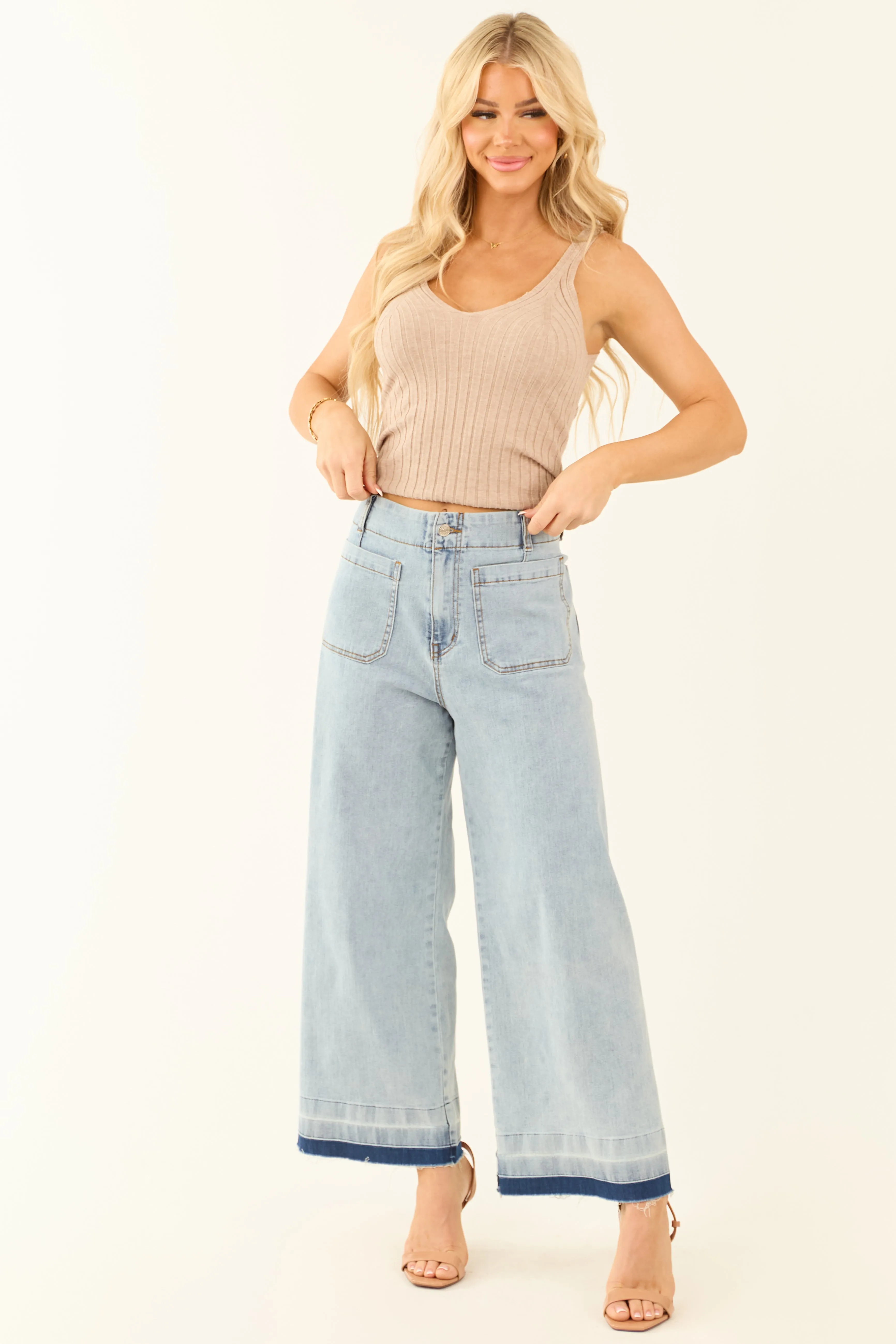 Light Mineral Wash Denim Ombre Hem Patch Pocket Jeans sold by Lime Lush product image thumbnail 2
